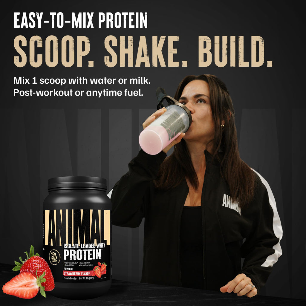 Animal Whey Isolate Protein Powder - Loaded for Pre & Post Workout Muscle Builder and Recovery with Digestive Enzymes for Men & Women - 25g Protein, Great Taste, Low Sugar - Strawberry 4 lbs
