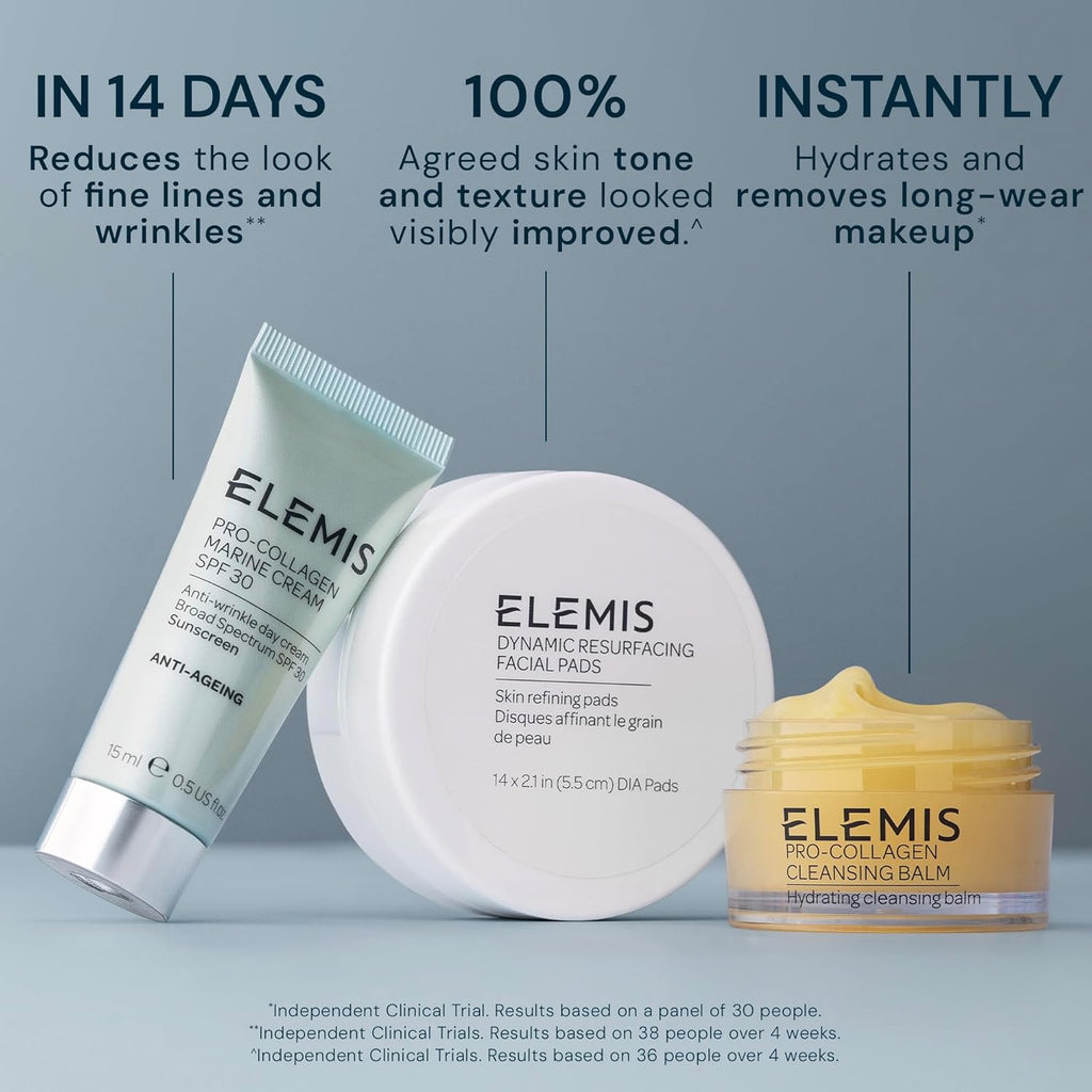 ELEMIS Healthy Skin Exclusive Travel Set | Pro-Collagen Cleansing Balm Mini, Marine Cream SPF 30 Mini & Dynamic Resurfacing Pads | Anti-Aging Hydrating Skincare Travel Kit