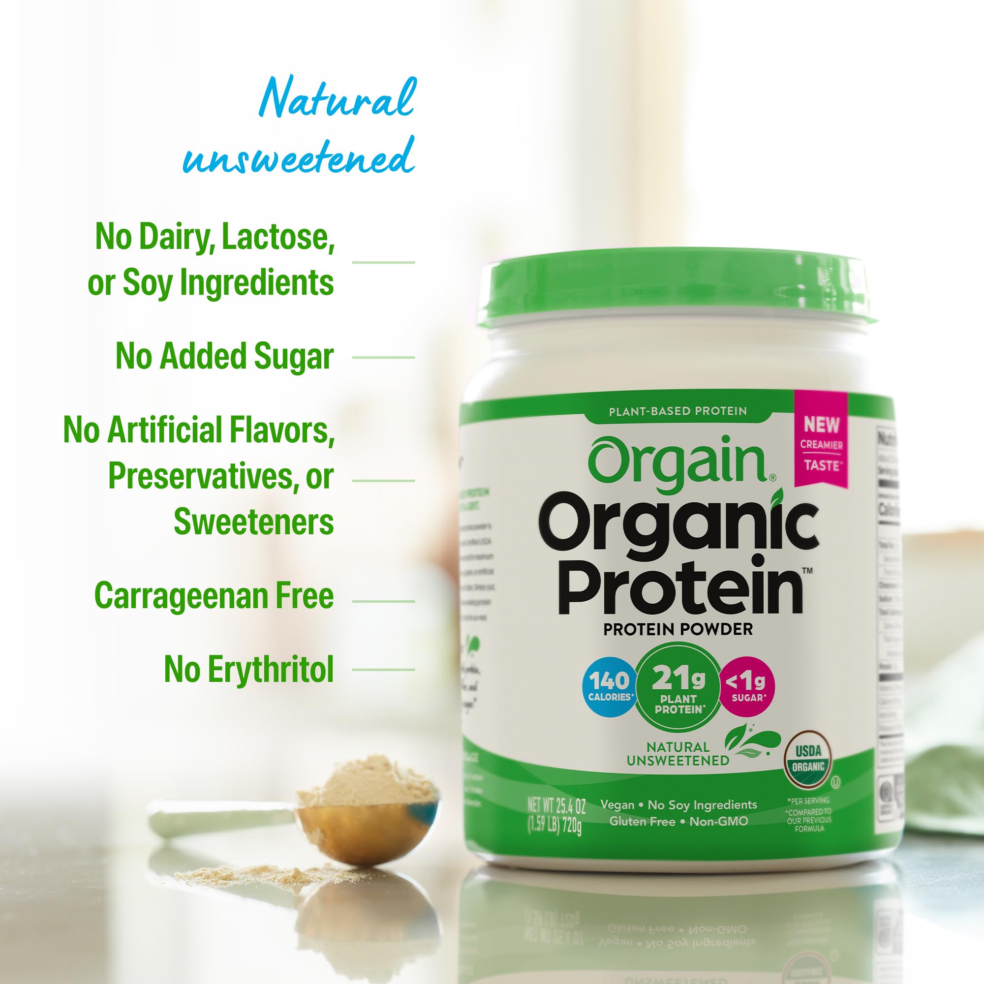 Orgain Organic Vegan Protein Powder, Vanilla Bean - 21g Plant Protein, 6g Prebiotic Fiber, No Lactose Ingredients, No Added Sugar, Non-GMO, For Shakes & Smoothies, 2.03 lb (Packaging May Vary)