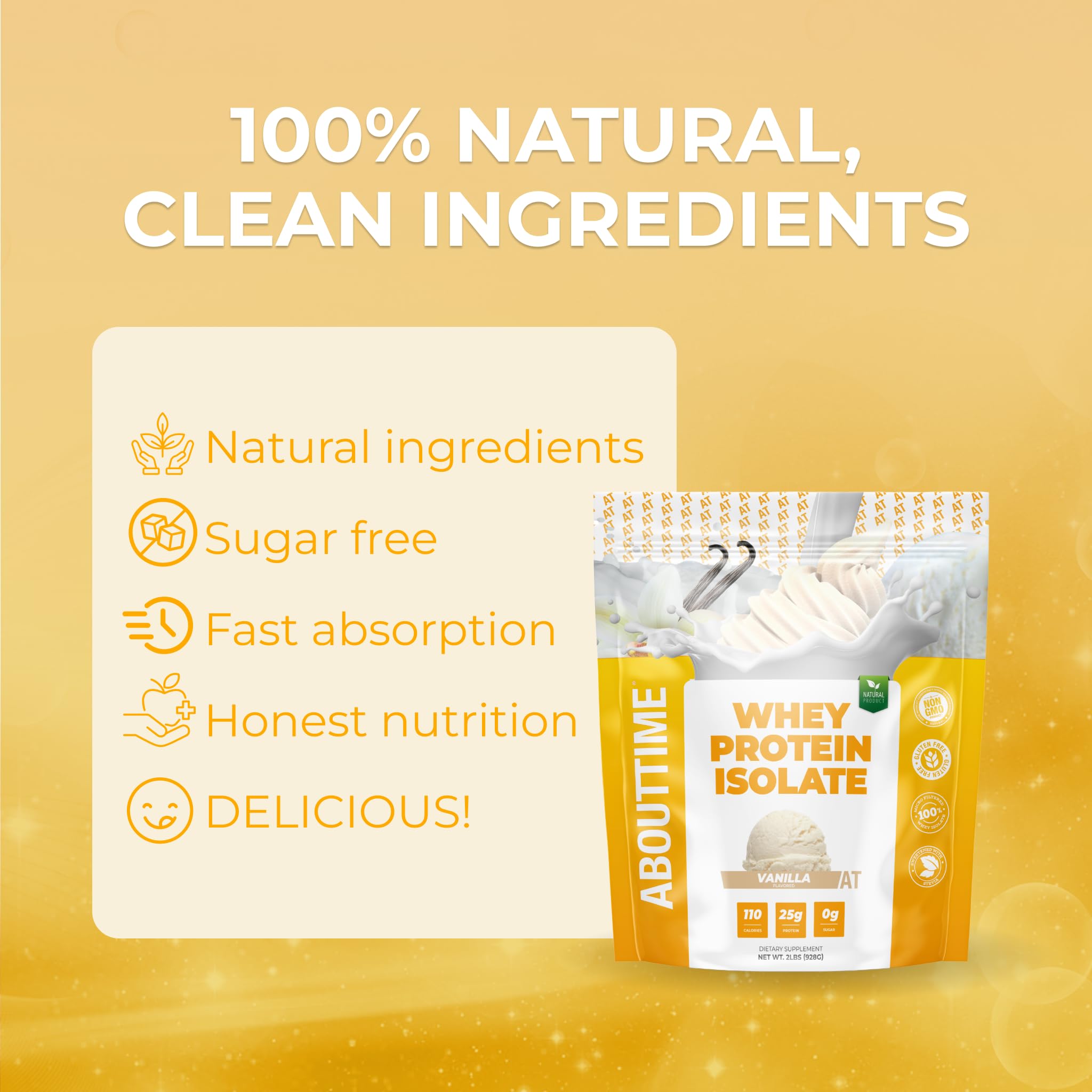 About Time Whey Protein Isolate Powder 25g Vanilla, Natural Ingredients, Non-GMO, Gluten-Free, Lactose-Free, Zero Sugar, Low Carb, 32 Servings