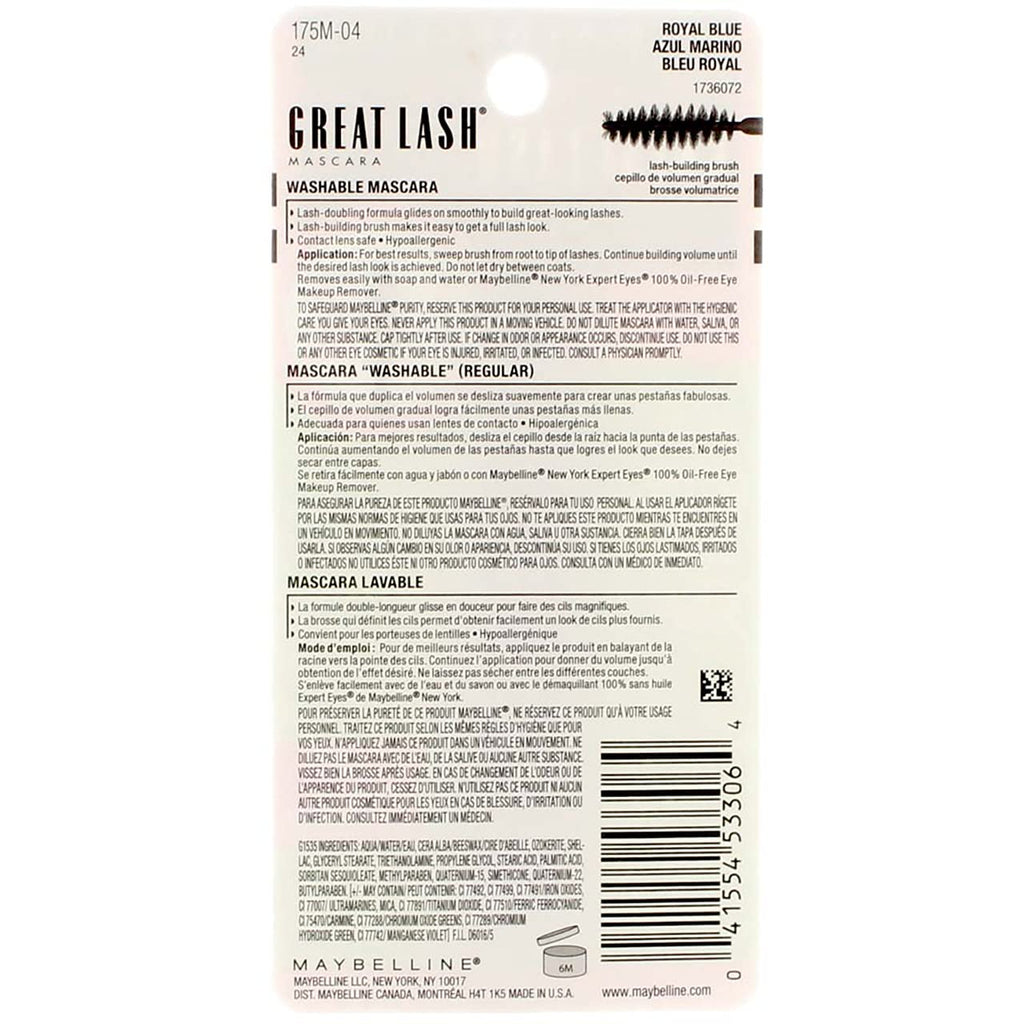 Maybelline Great Lash Washable Mascara Makeup, Volumizing Lash-Doubling Formula That Conditions As It Thickens, Blackest Black, 1 Count