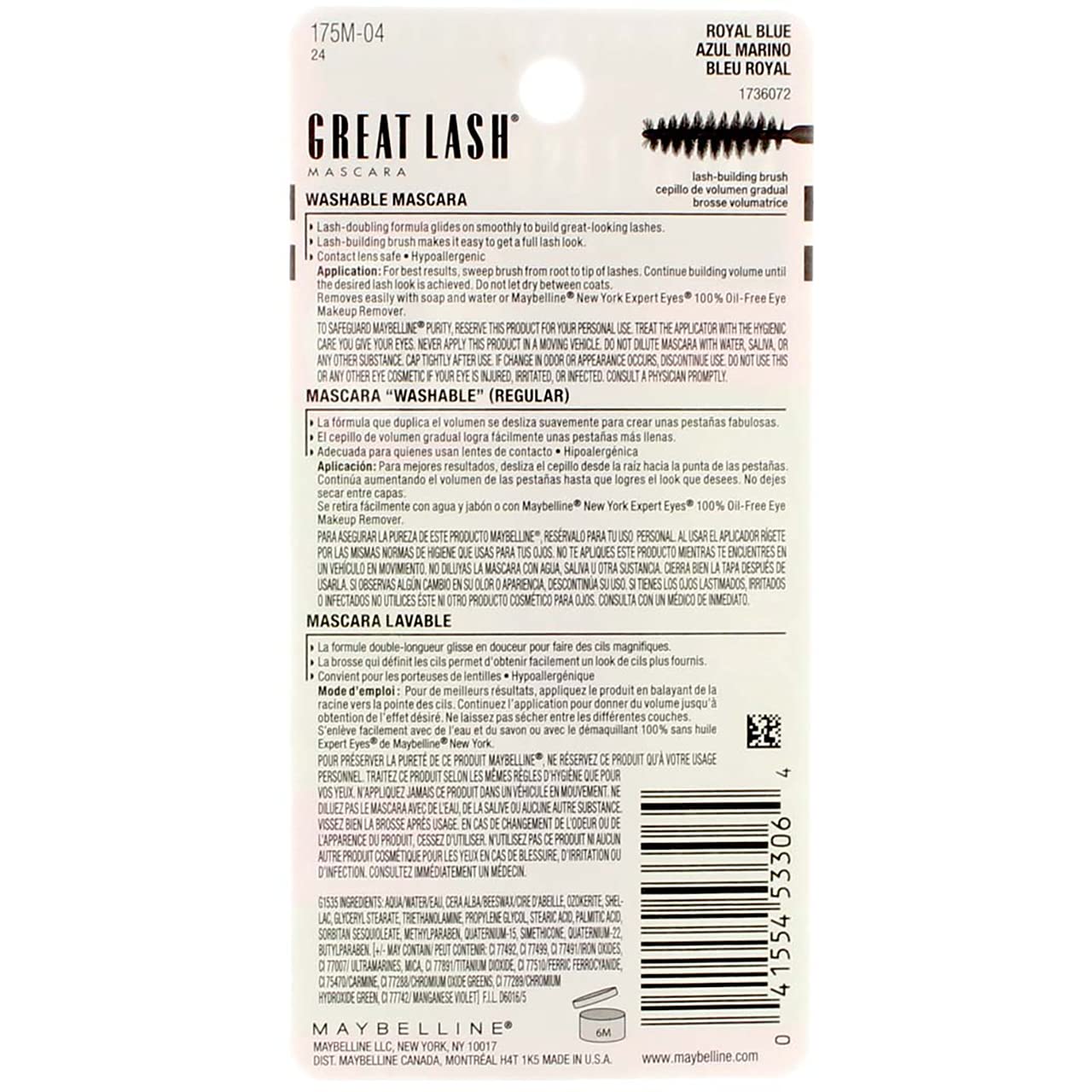 Maybelline Great Lash Washable Mascara Makeup, Volumizing Lash-Doubling Formula That Conditions As It Thickens, Blackest Black, 1 Count