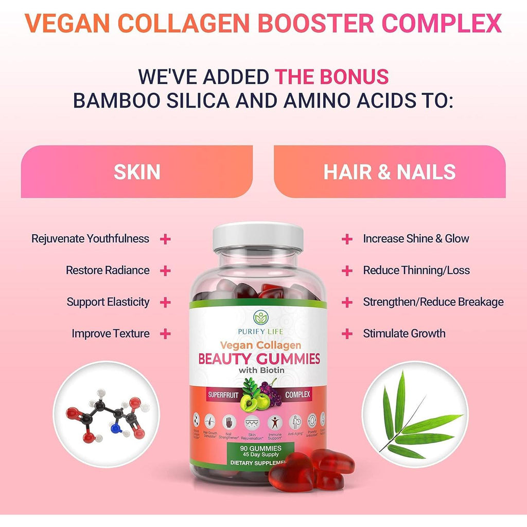Vegan Collagen Gummies with Biotin Vitamins for Hair Skin and Nails Health, (90 Chews) Collagen Support Superfruit Complex with Resveratrol, Vitamin A, E, C - Replace Capsules, Pills