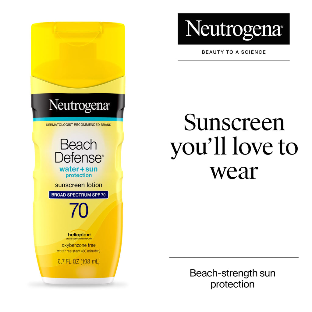Neutrogena Sunscreen Lotion Beach Defense SPF 70, Face & Body Sunscreen, Broad Spectrum, Fast Absorbing, 6.7 Fl Oz, Water Resistant 80 Min, Oil-Free, Oxybenzone & Octinoxate Free