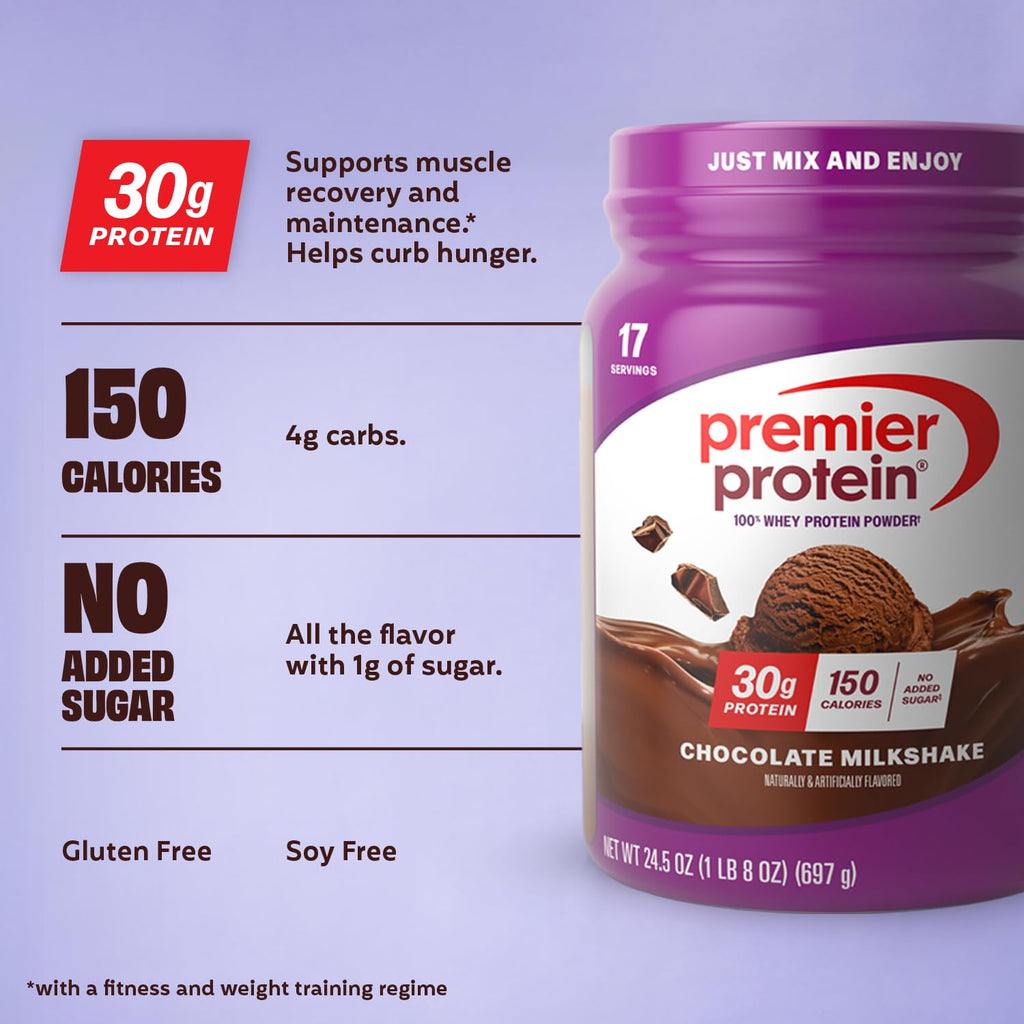 Premier Protein Powder, Vanilla Milkshake, 30g Protein, 1g Sugar, 100% Whey Protein, Keto Friendly, No Soy, Gluten Free, 23.3 oz, 17 Servings (Packaging May Vary)