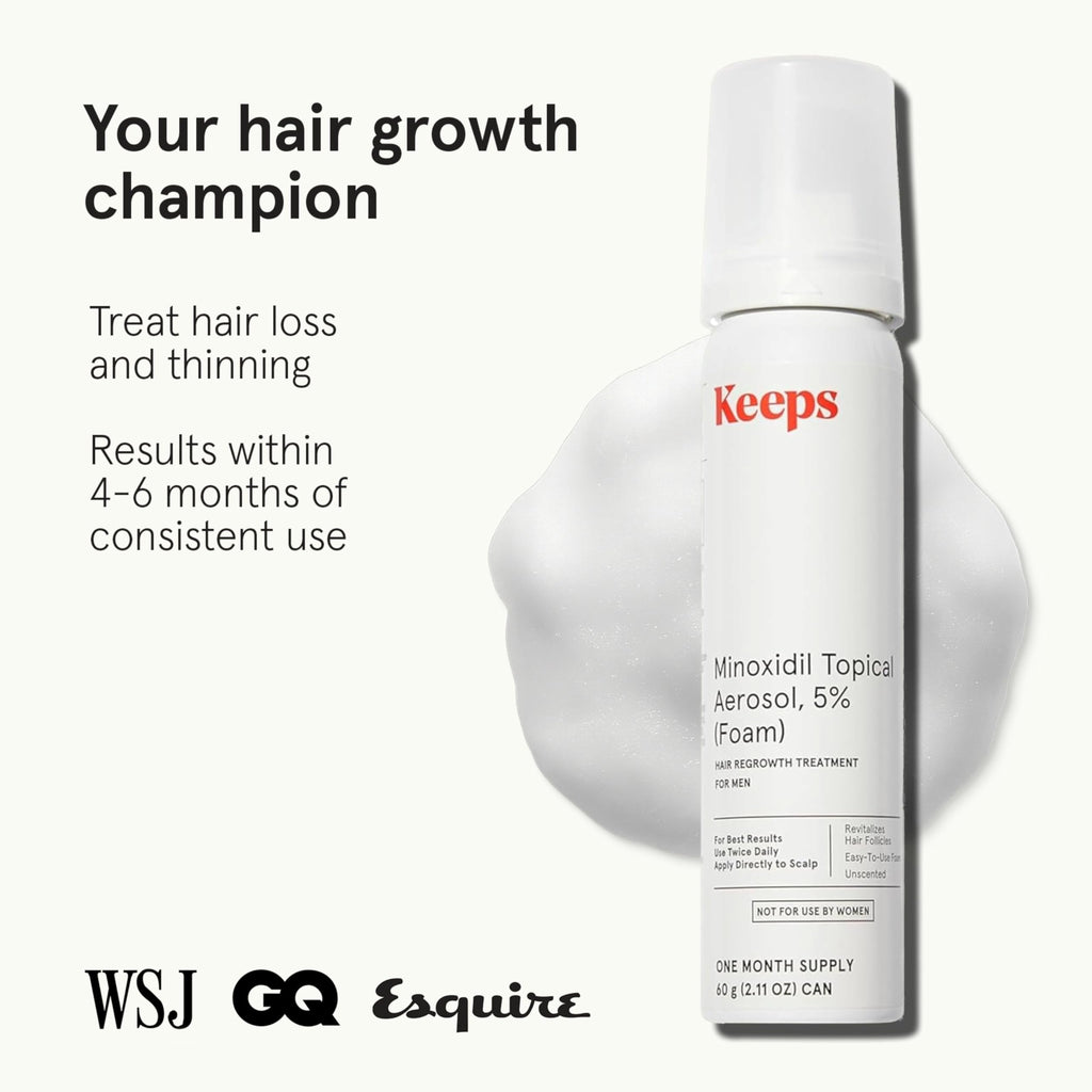 Keeps Extra Strength Minoxidil for Men - 5% Minoxidil Foam Hair Loss & Regrowth Treatment for Thinning & Bald Spots - Clinically Proven Hair Growth Products - Unscented Topical Aerosol Foam