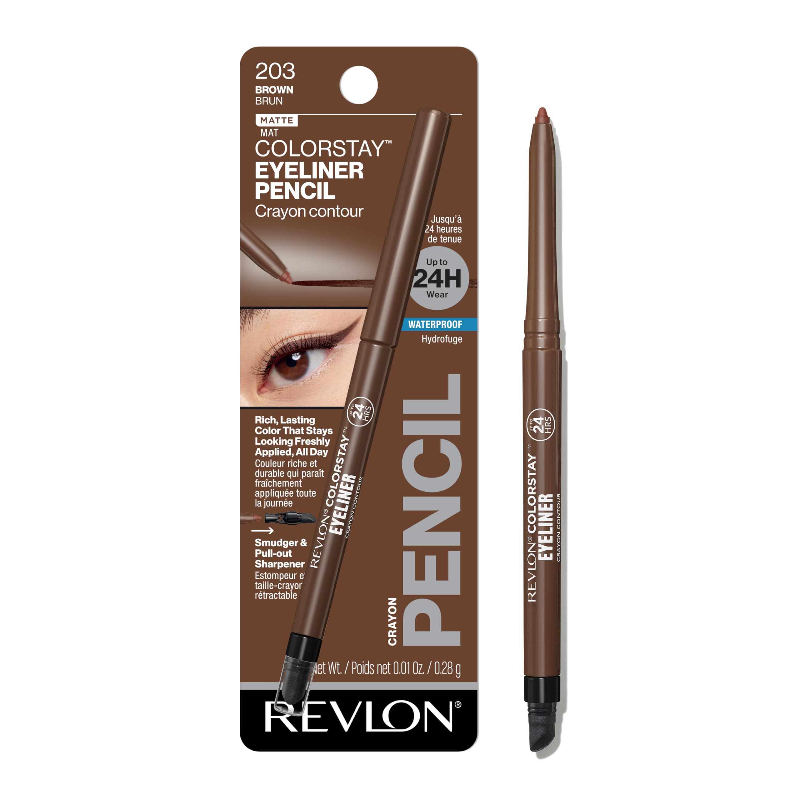 Revlon ColorStay Pencil Waterproof Eyeliner, Smudge-Proof, Eye Makeup with Built-In Sharpener, Stocking Stuffer for Women, 202 Black Brown, 0.01 oz
