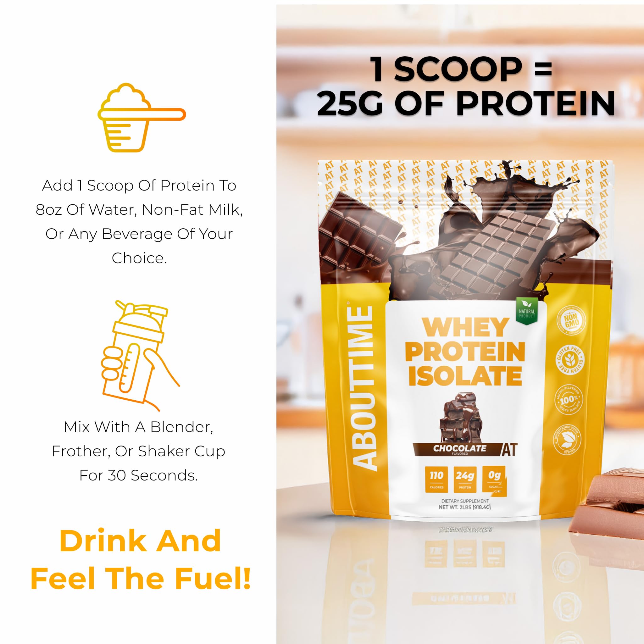 About Time Whey Protein Isolate Powder 25g Vanilla, Natural Ingredients, Non-GMO, Gluten-Free, Lactose-Free, Zero Sugar, Low Carb, 32 Servings