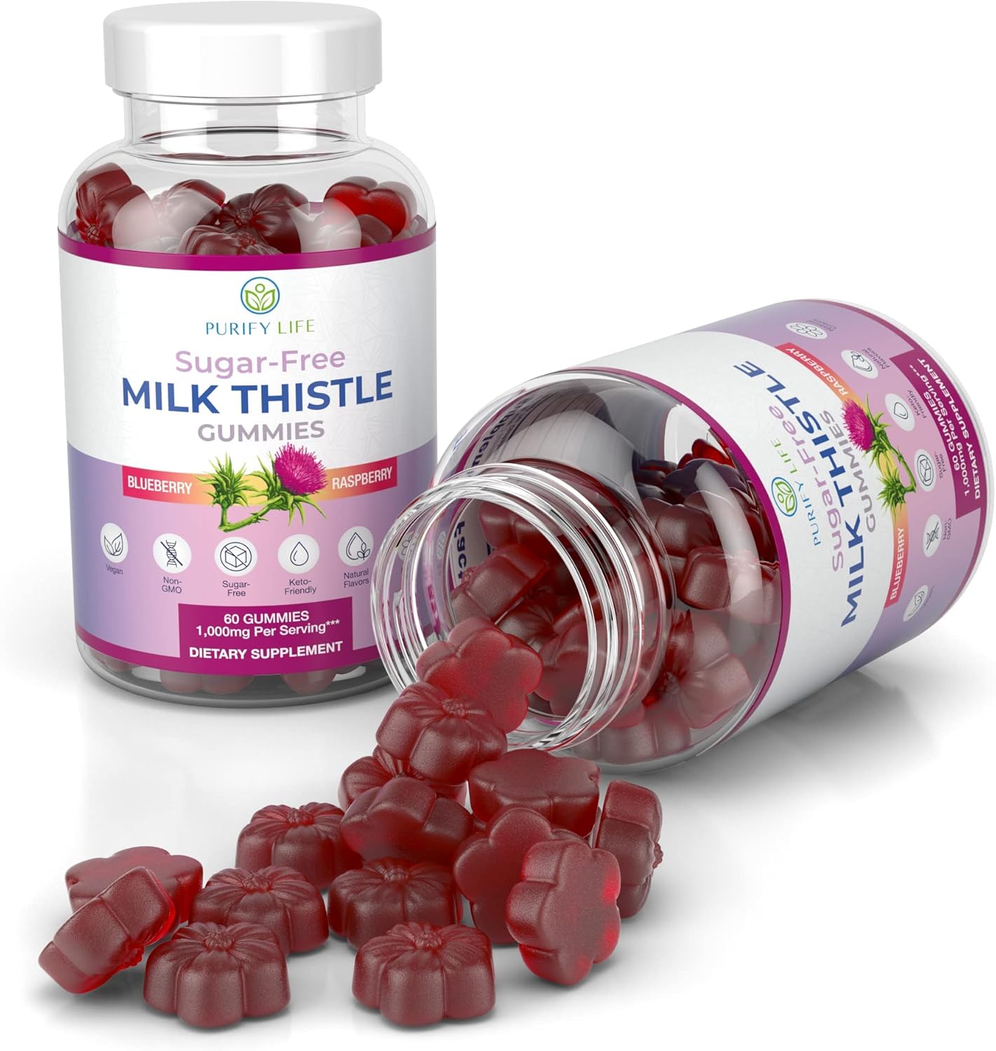 Sugar-Free Milk Thistle Gummies for Liver Cleanse Detox & Repair (Natural Blueberry-Raz Flavor) Cardo Mariano, Cleansing Milk Thistle Extract & Antioxidant Support, Vegan, Replaces Pills & Capsules