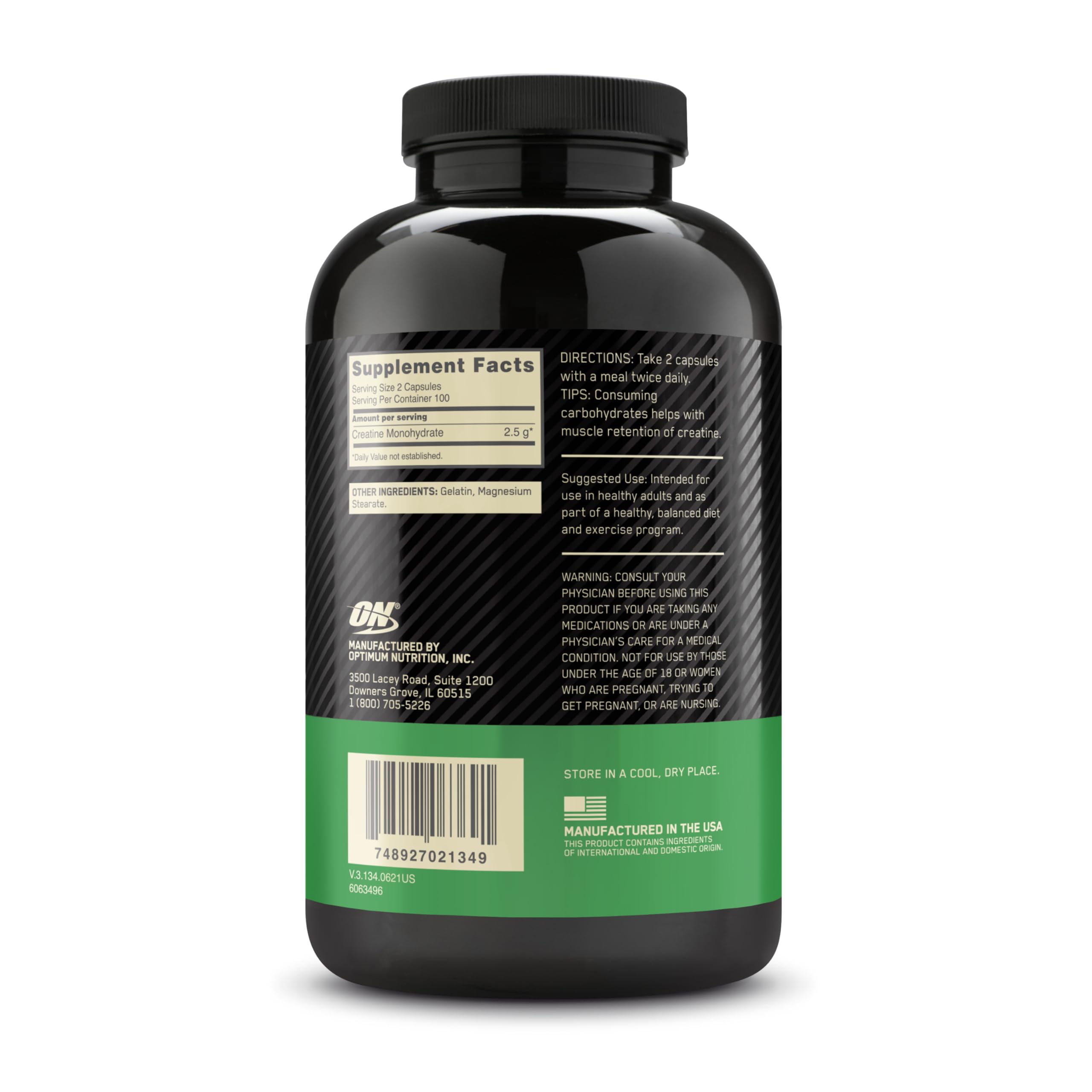 Optimum Nutrition Micronized Creatine Monohydrate Capsules, Keto Friendly, 2500mg, 100 Capsules