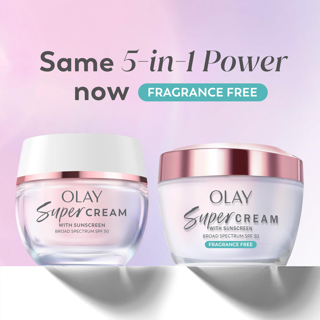 Olay Super Cream with Sunscreen SPF 30, Fragrance Free Lightweight Face Moisturizer with Sun Protection, 5-in-1 Skin Care - Hydrating, Brightening, Firming - Niacinamide, Vitamin C, Collagen, 1.7 oz