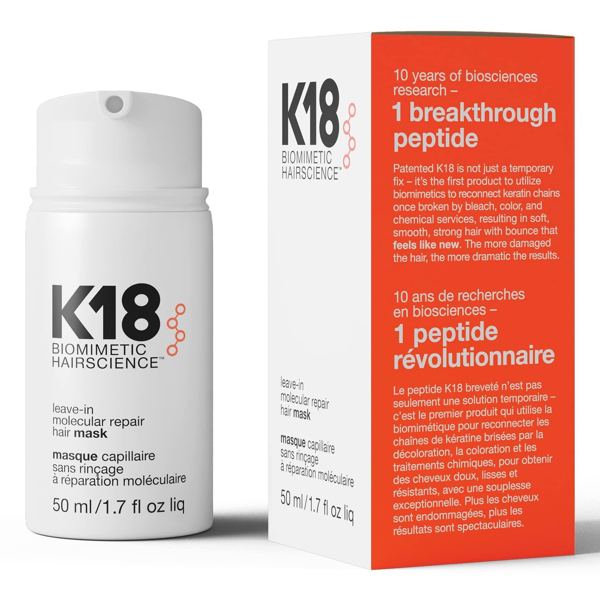 K18 Leave-In Molecular Hair Mask, Repairs Dry or Damaged Hair, Reverse Hair Damage from Bleach, Color, Chemical Services & Heat