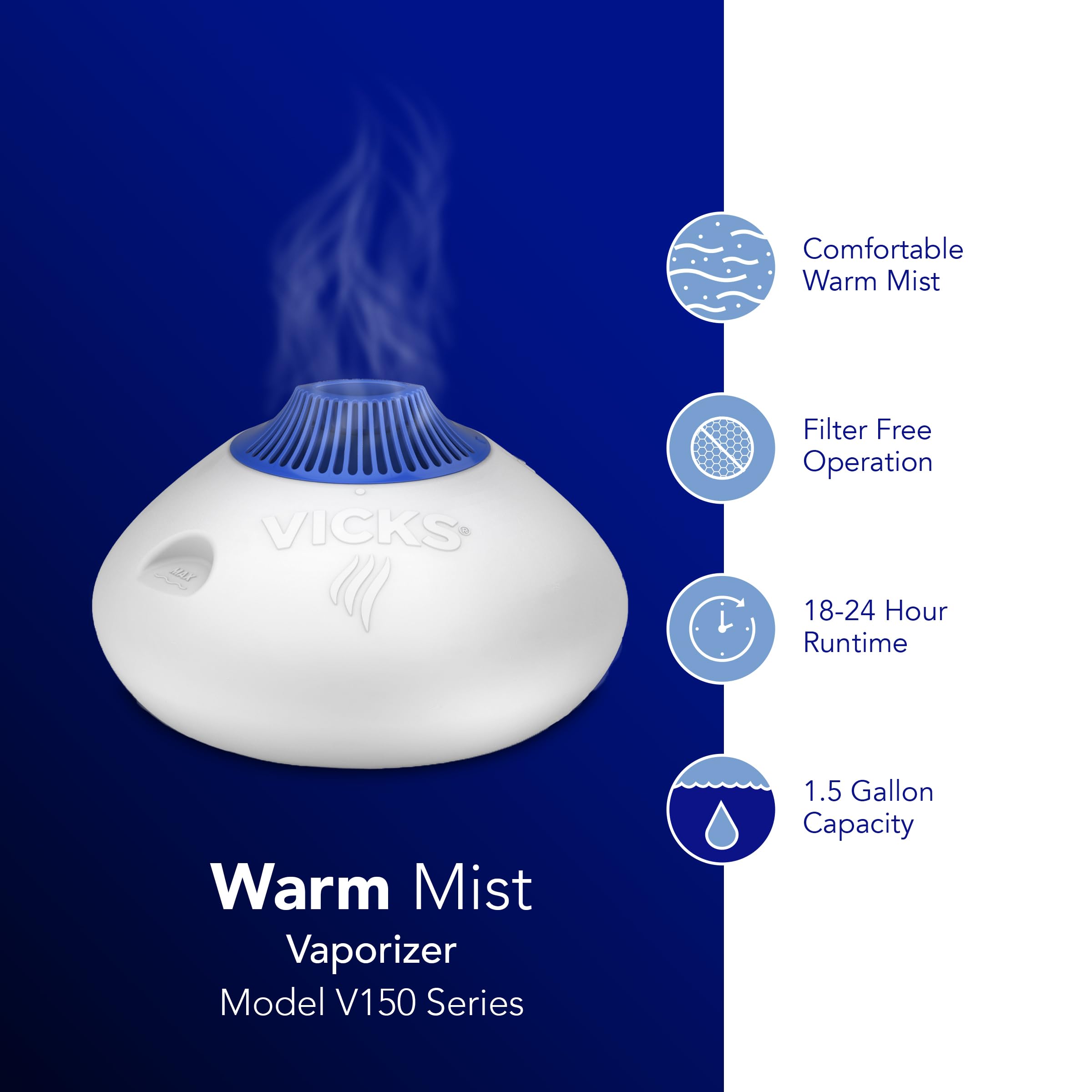 Vicks Warm Steam Vaporizer, Small to Medium Rooms, 1.5 Gallon Tank – Warm Mist Humidifier for Baby and Kids Rooms with Night Light, Works with Vicks VapoPads and VapoSteam