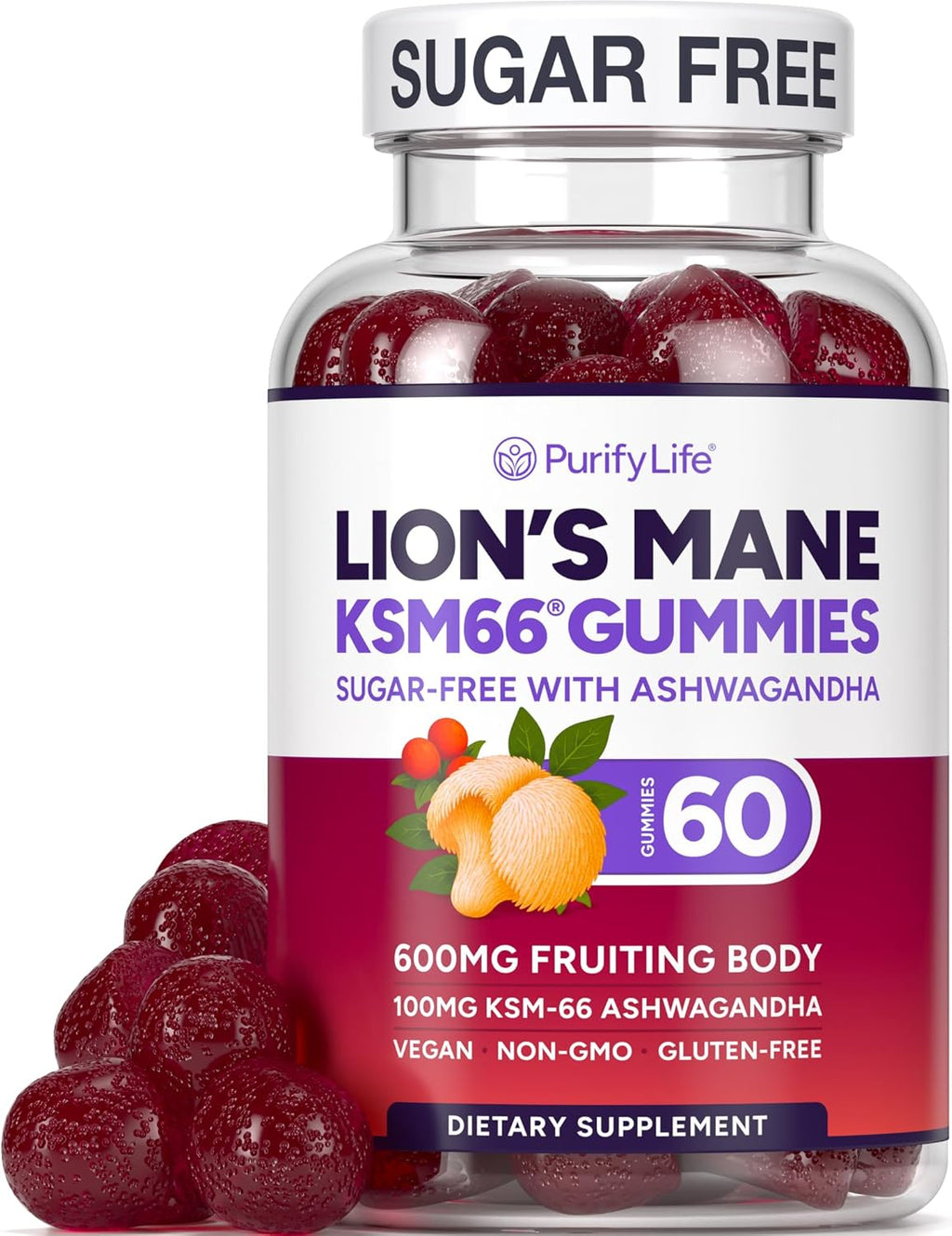 Sugar Free Lions Mane Supplement Gummies with KSM-66 Ashwagandha - Nootropic Supplement for Cognition, Brain Fog, Mental Clarity, Focus & Stress Support - Natural Berry Flavor, Vegan, Made in USA