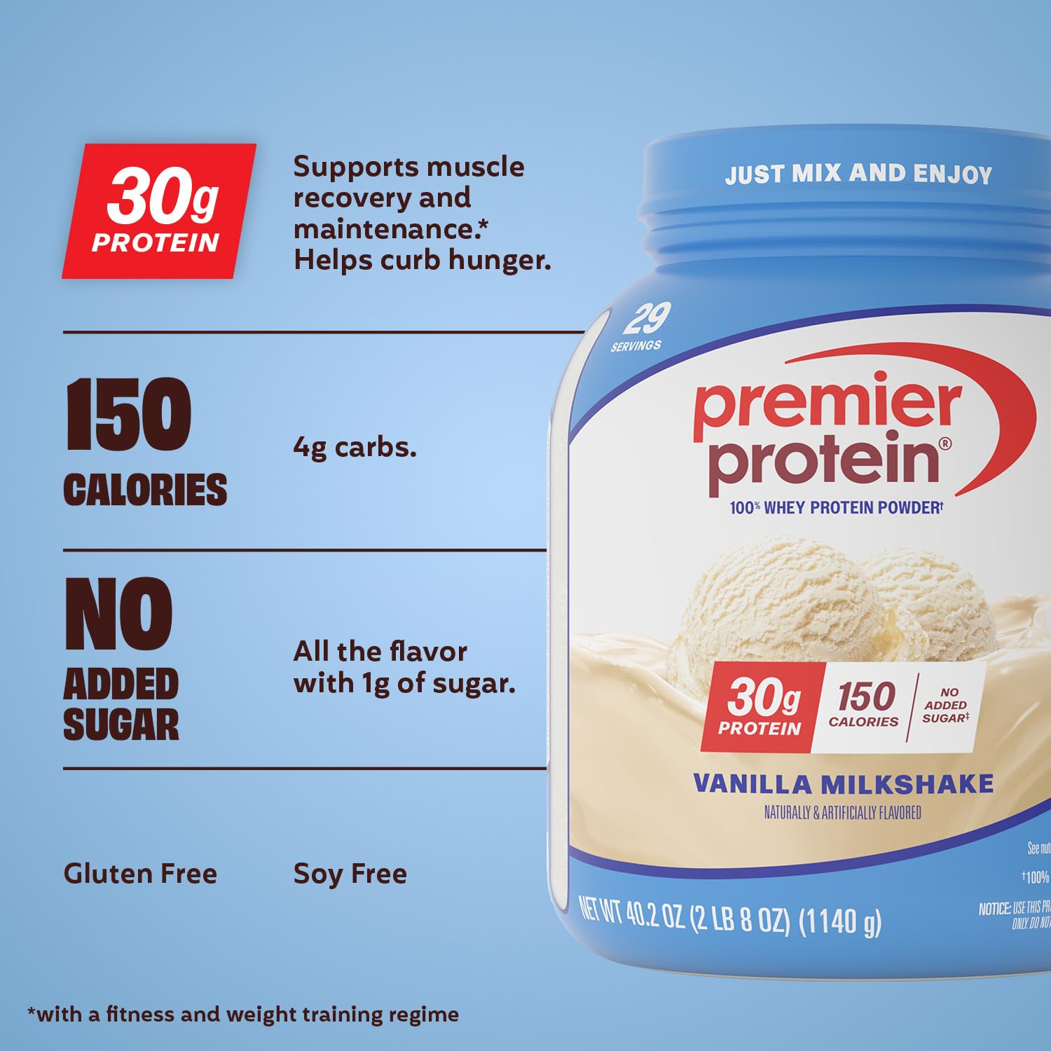 Premier Protein Powder, Vanilla Milkshake, 30g Protein, 1g Sugar, 100% Whey Protein, Keto Friendly, No Soy, Gluten Free, 23.3 oz, 17 Servings (Packaging May Vary)