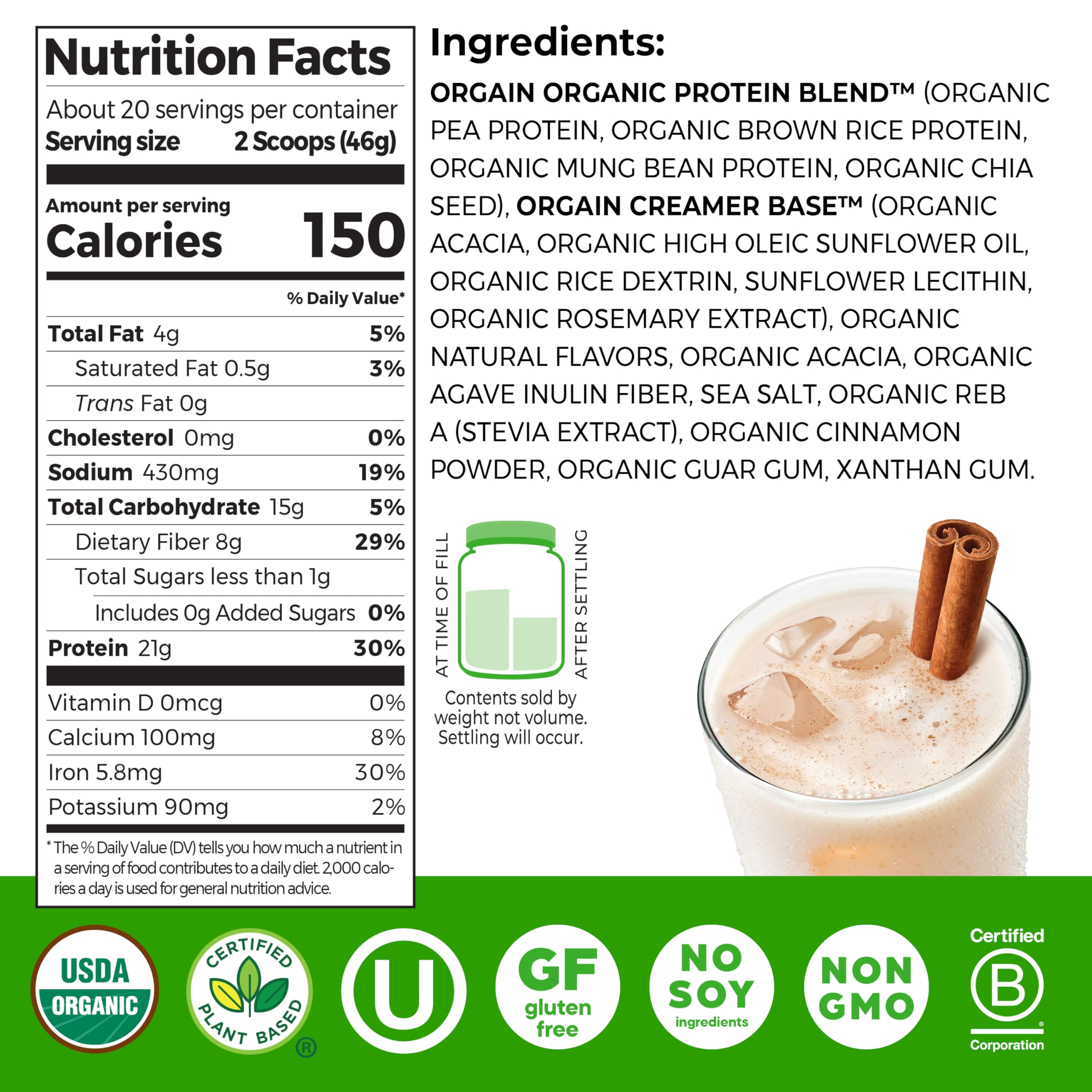 Orgain Organic Vegan Protein Powder, Vanilla Bean - 21g Plant Protein, 6g Prebiotic Fiber, No Lactose Ingredients, No Added Sugar, Non-GMO, For Shakes & Smoothies, 2.03 lb (Packaging May Vary)