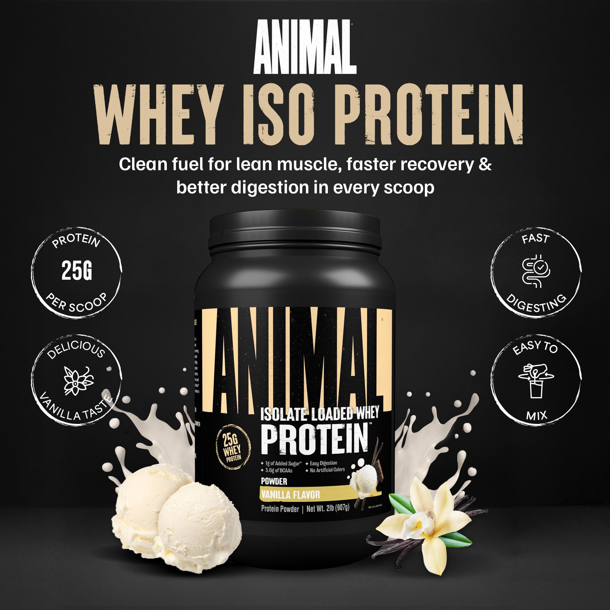 Animal Whey Isolate Protein Powder - Loaded for Pre & Post Workout Muscle Builder and Recovery with Digestive Enzymes for Men & Women - 25g Protein, Great Taste, Low Sugar - Strawberry 4 lbs