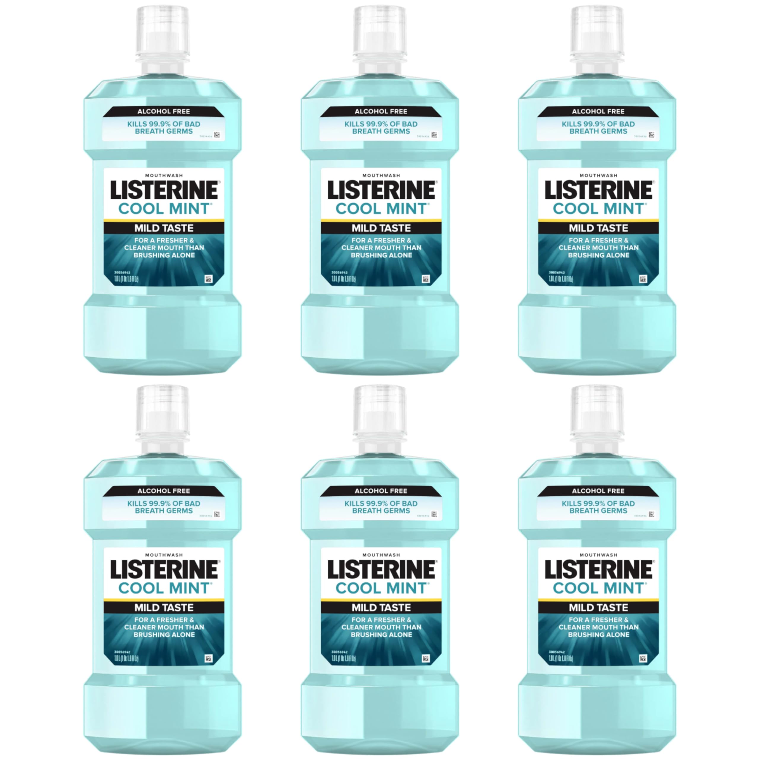 Listerine Cool Mint Alcohol Free Mouthwash, Oral Rinse Kills 99.9% of Germs That Cause Bad Breath, for Fresh Breath & Less Intense Taste, No Alcohol Burn Cool Mint Flavor, 1 L