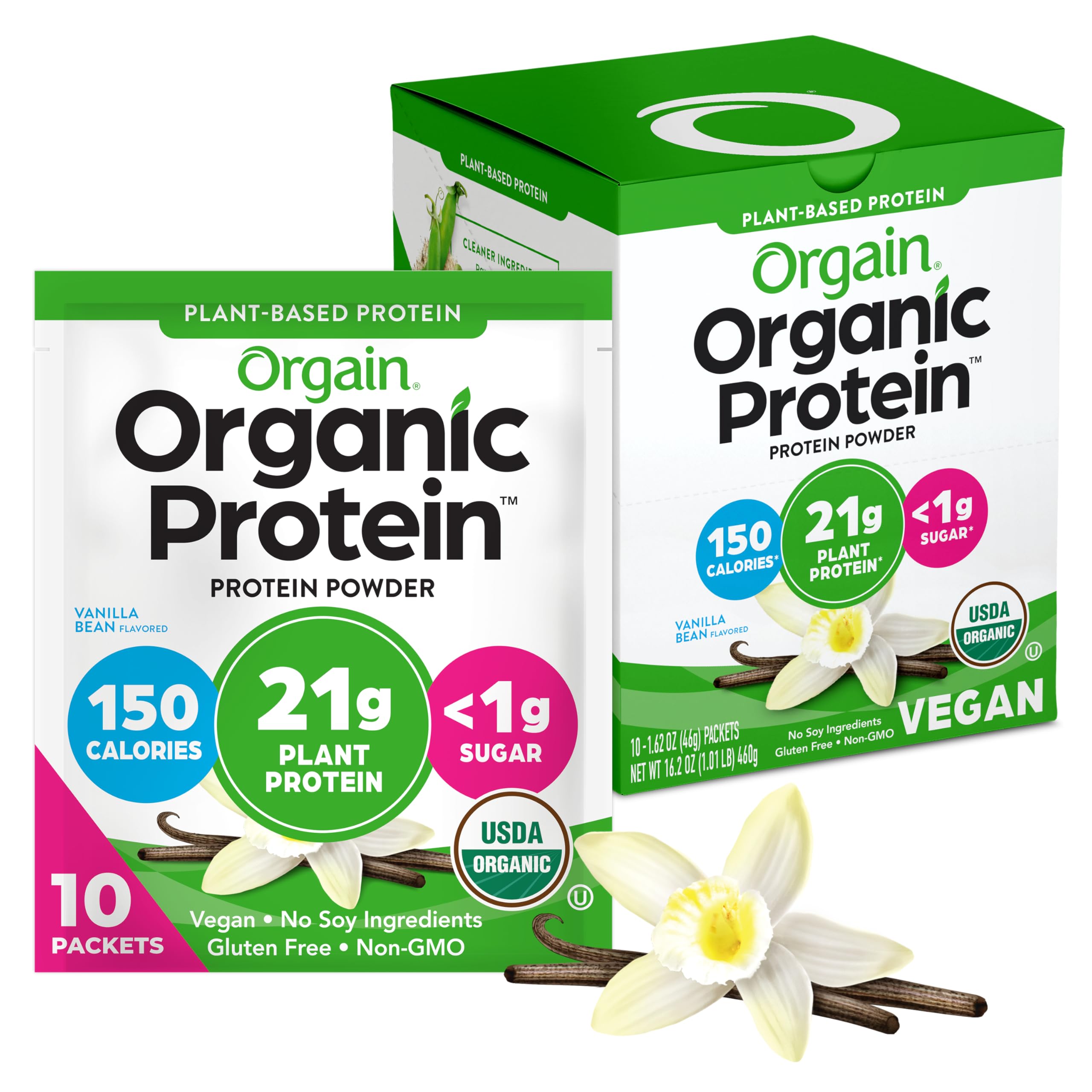 Orgain Organic Vegan Protein Powder, Vanilla Bean - 21g Plant Protein, 6g Prebiotic Fiber, No Lactose Ingredients, No Added Sugar, Non-GMO, For Shakes & Smoothies, 2.03 lb (Packaging May Vary)