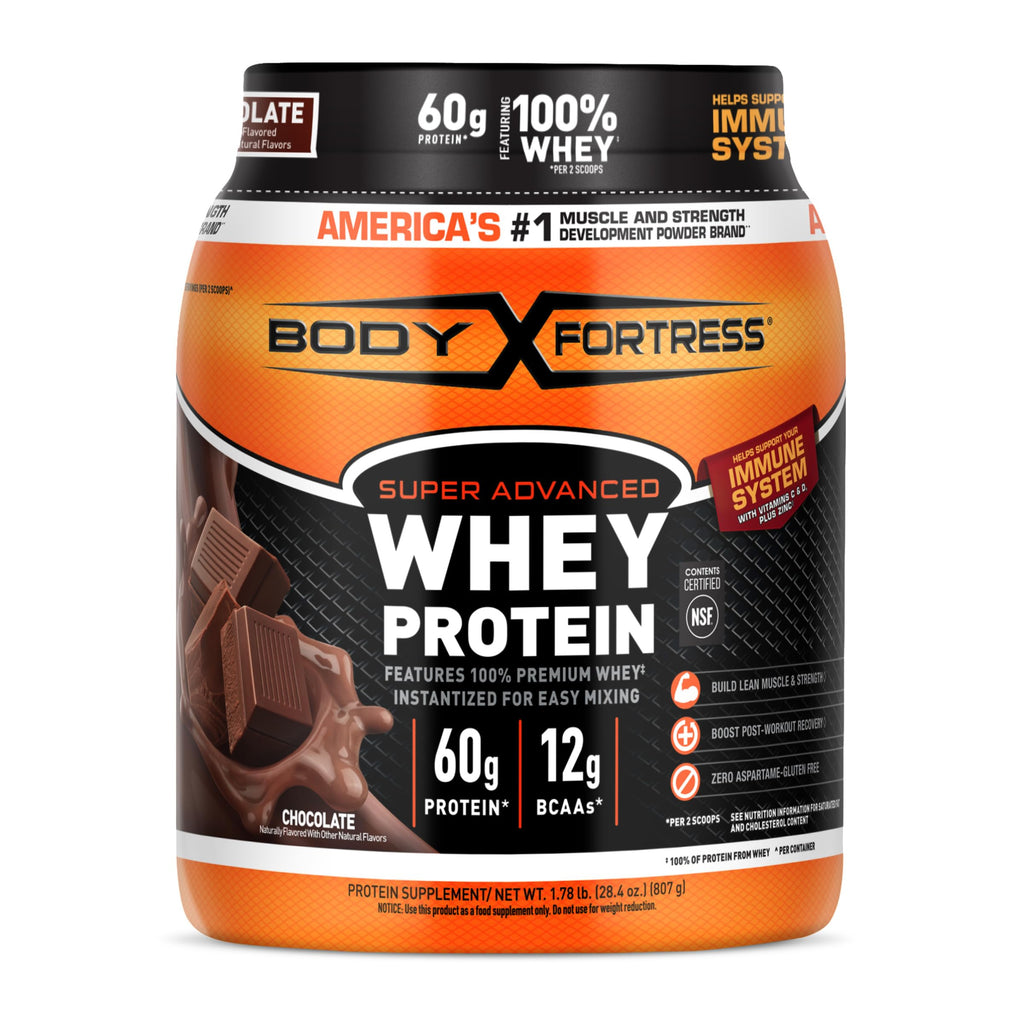 Body Fortress Super Advanced Whey Protein Powder, Chocolate, Immune Support (1), Vitamins C & D Plus Zinc, 3.9 lbs.