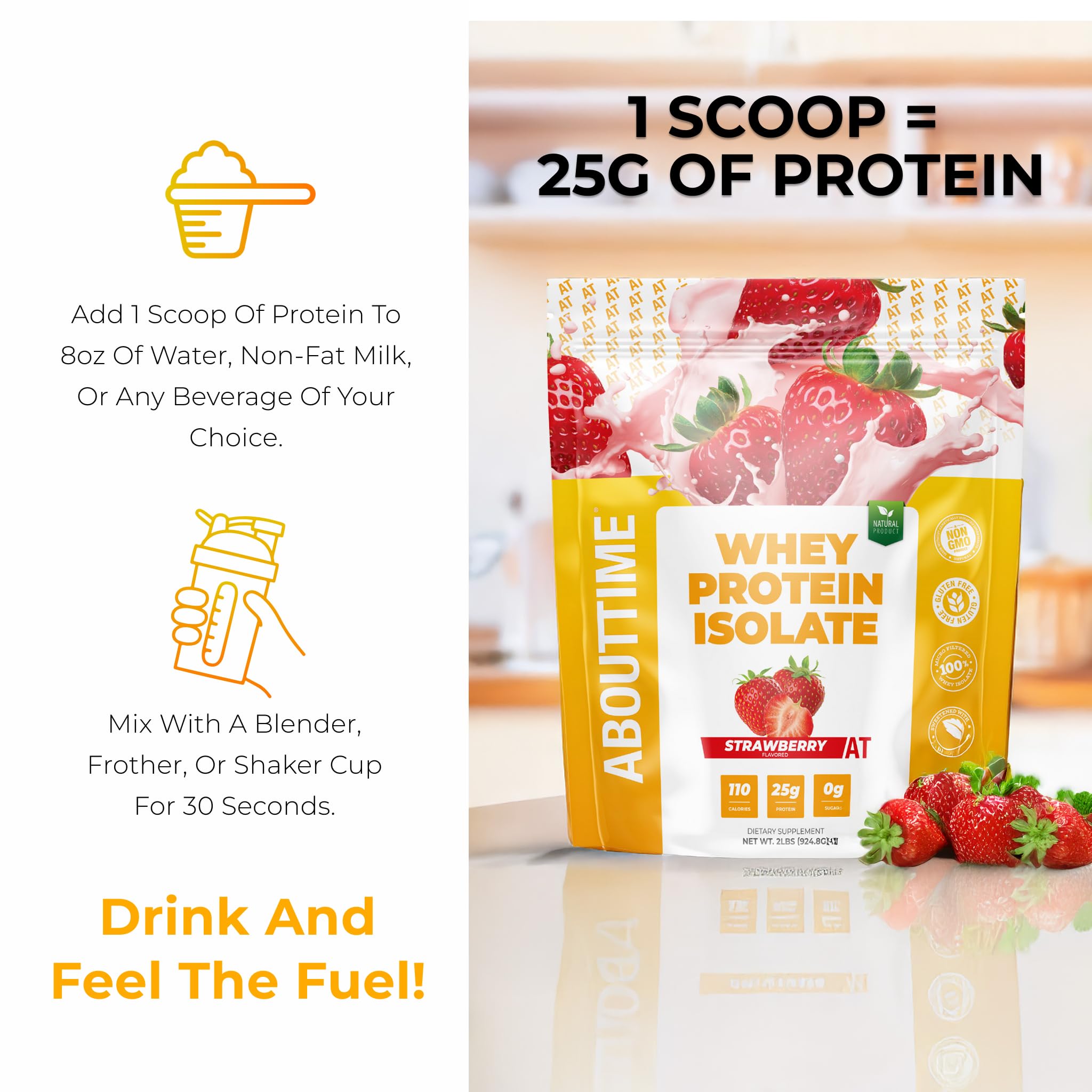 About Time Whey Protein Isolate Powder 25g Vanilla, Natural Ingredients, Non-GMO, Gluten-Free, Lactose-Free, Zero Sugar, Low Carb, 32 Servings