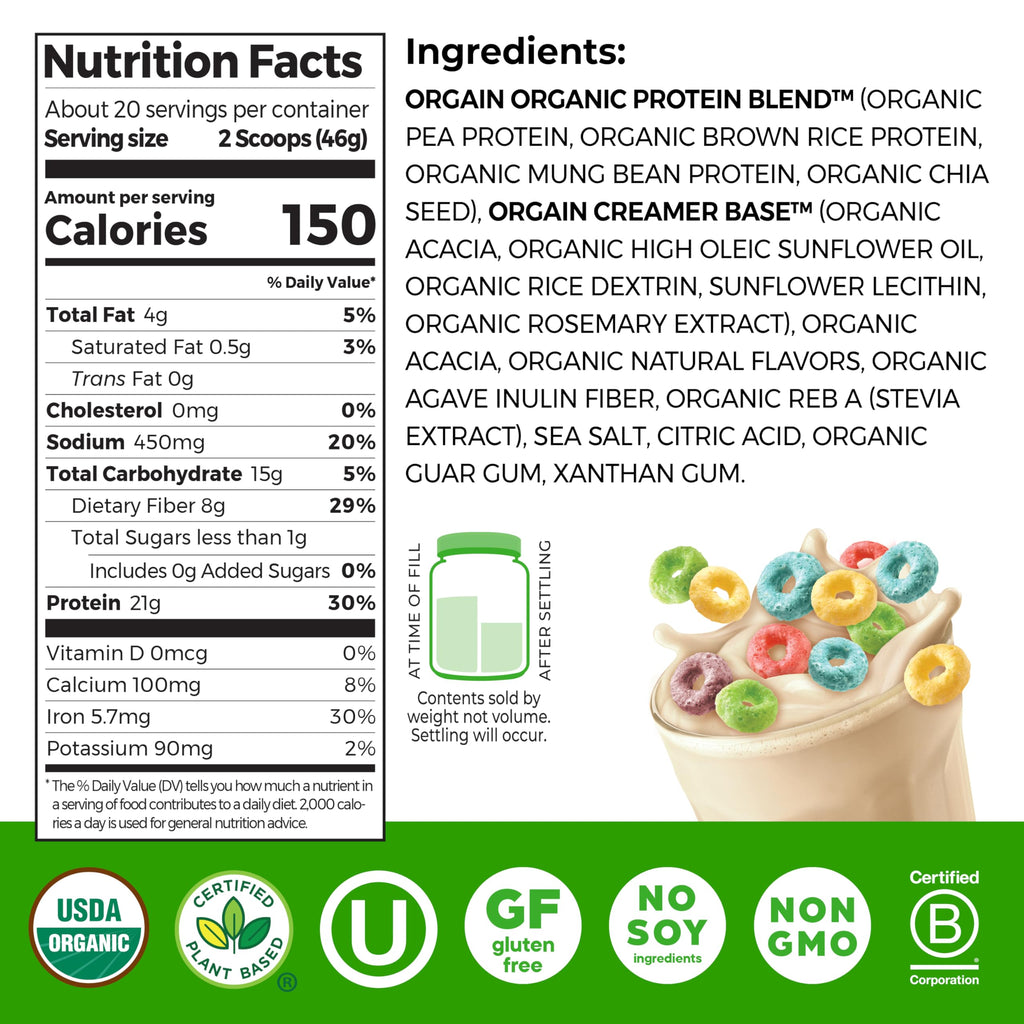Orgain Organic Vegan Protein Powder, Vanilla Bean - 21g Plant Protein, 6g Prebiotic Fiber, No Lactose Ingredients, No Added Sugar, Non-GMO, For Shakes & Smoothies, 2.03 lb (Packaging May Vary)