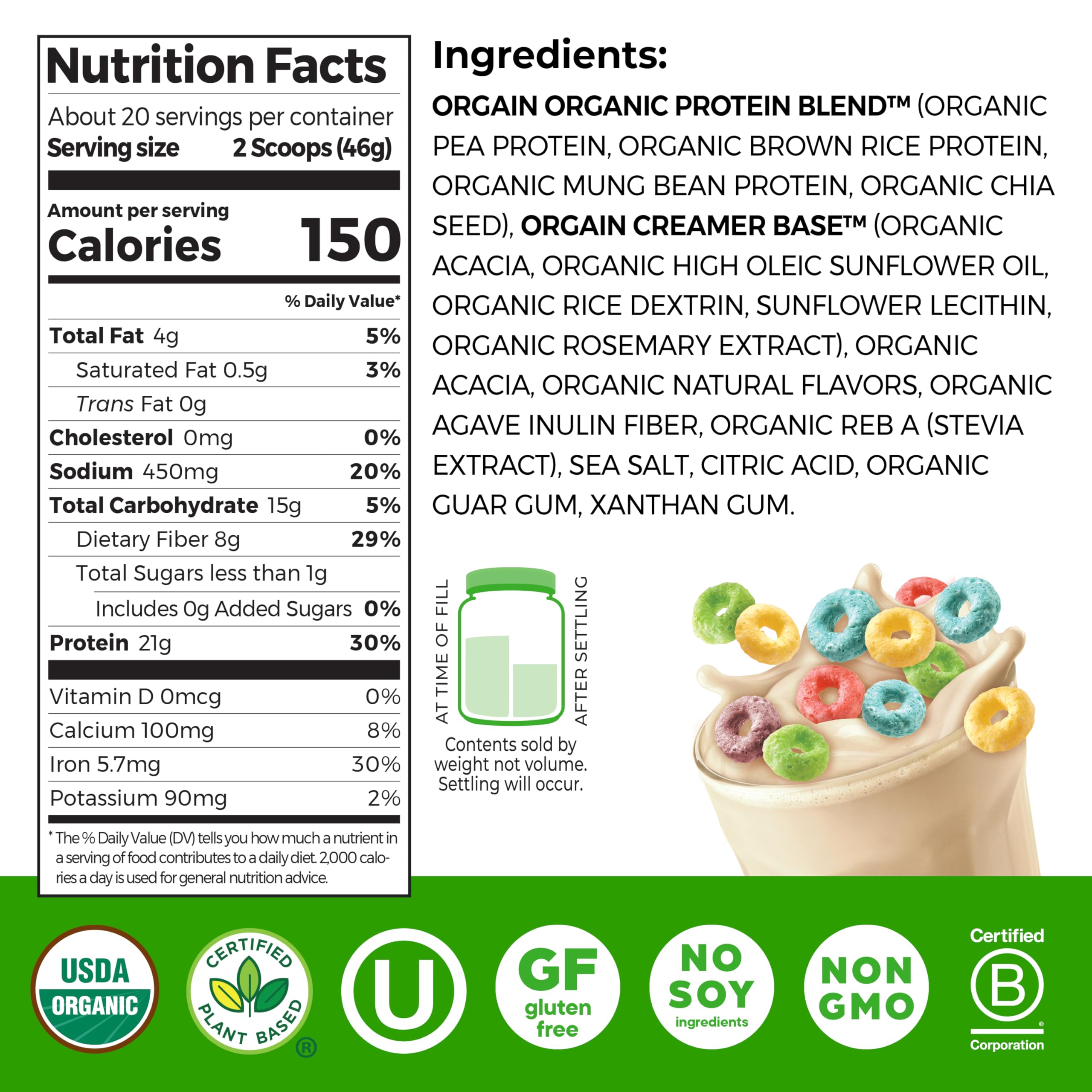 Orgain Organic Vegan Protein Powder, Vanilla Bean - 21g Plant Protein, 6g Prebiotic Fiber, No Lactose Ingredients, No Added Sugar, Non-GMO, For Shakes & Smoothies, 2.03 lb (Packaging May Vary)