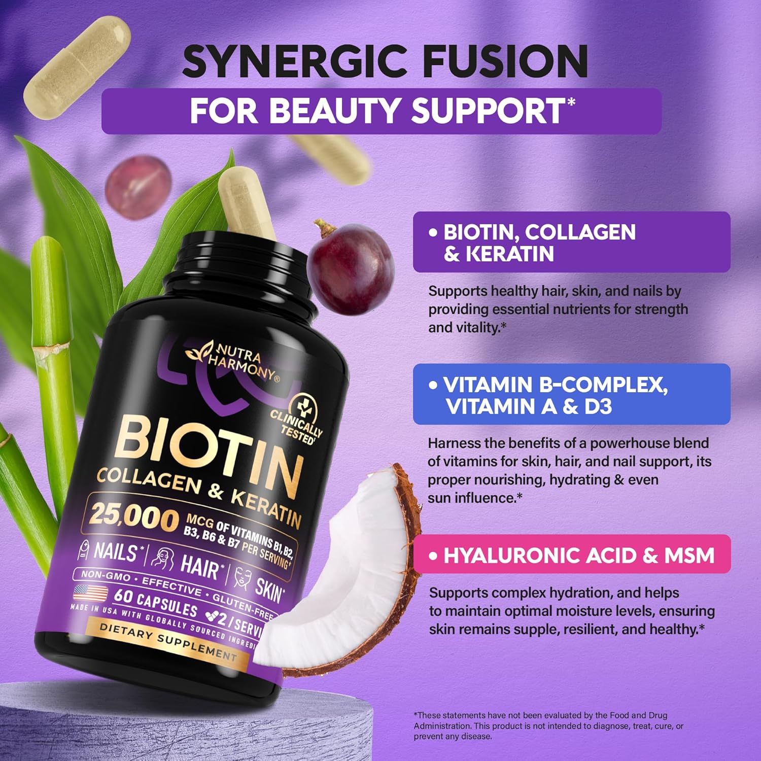 Biotin | Collagen | Hyaluronic Acid | Keratin - Clinically Tested Supplement** - Hair Growth Support, Skin & Nails - 25000mcg Vitamins B1, B2, B3, B6 & B7 - for Women & Men - Made in USA | 60 Capsules