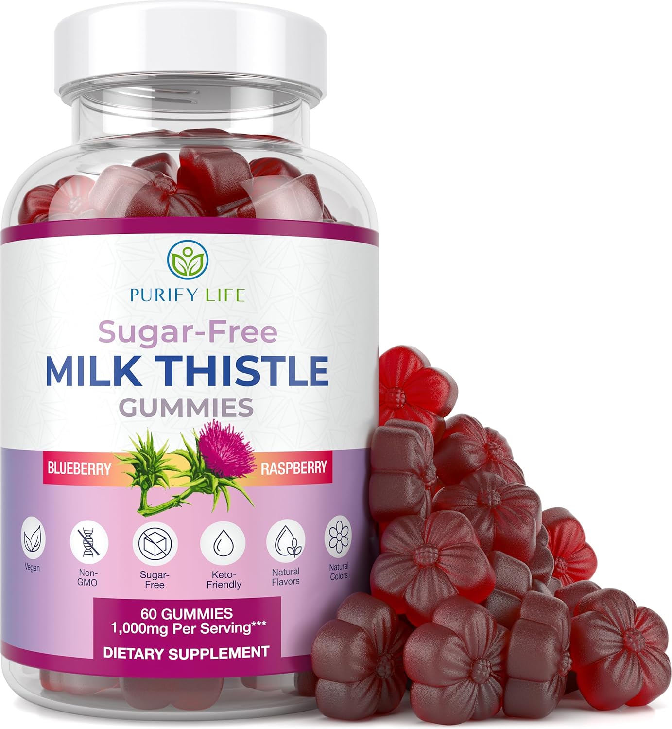 Sugar-Free Milk Thistle Gummies for Liver Cleanse Detox & Repair (Natural Blueberry-Raz Flavor) Cardo Mariano, Cleansing Milk Thistle Extract & Antioxidant Support, Vegan, Replaces Pills & Capsules