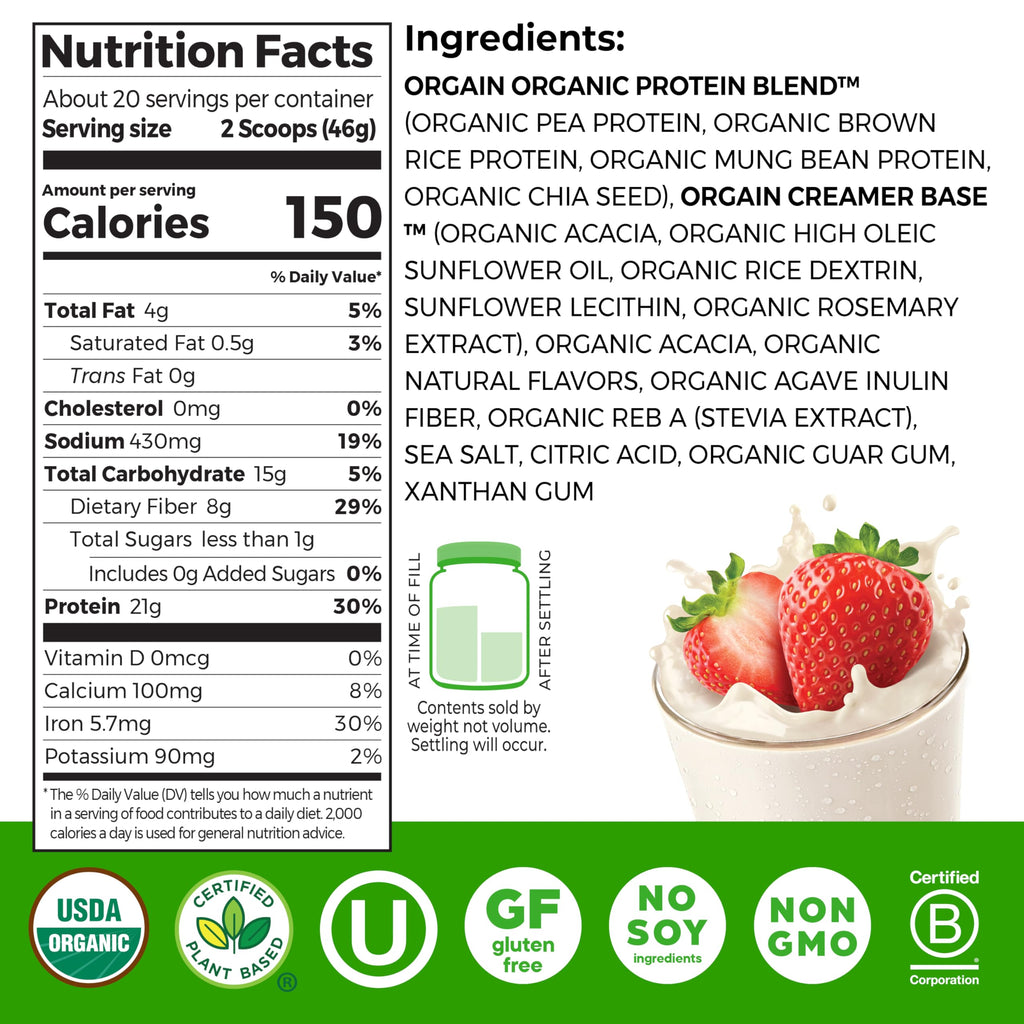 Orgain Organic Vegan Protein Powder, Vanilla Bean - 21g Plant Protein, 6g Prebiotic Fiber, No Lactose Ingredients, No Added Sugar, Non-GMO, For Shakes & Smoothies, 2.03 lb (Packaging May Vary)