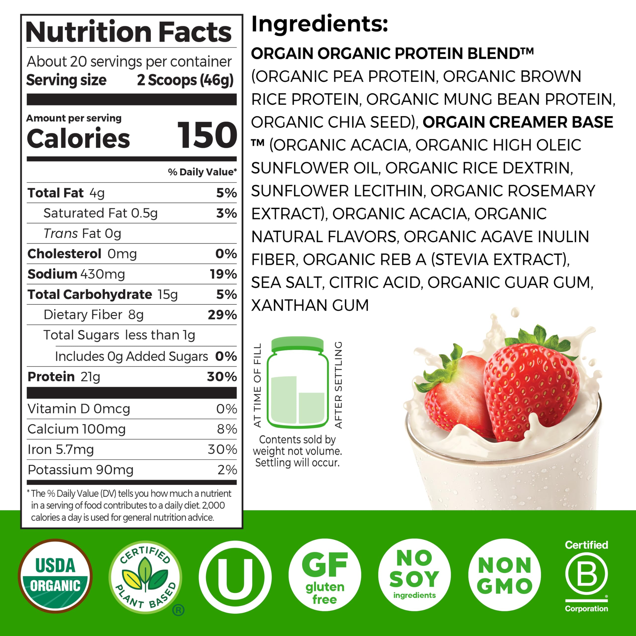 Orgain Organic Vegan Protein Powder, Vanilla Bean - 21g Plant Protein, 6g Prebiotic Fiber, No Lactose Ingredients, No Added Sugar, Non-GMO, For Shakes & Smoothies, 2.03 lb (Packaging May Vary)