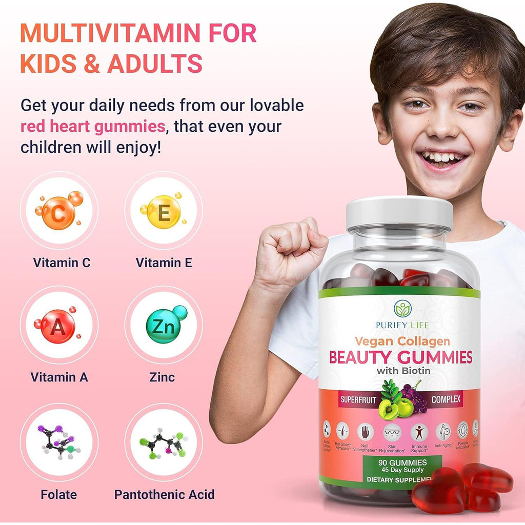 Vegan Collagen Gummies with Biotin Vitamins for Hair Skin and Nails Health, (90 Chews) Collagen Support Superfruit Complex with Resveratrol, Vitamin A, E, C - Replace Capsules, Pills
