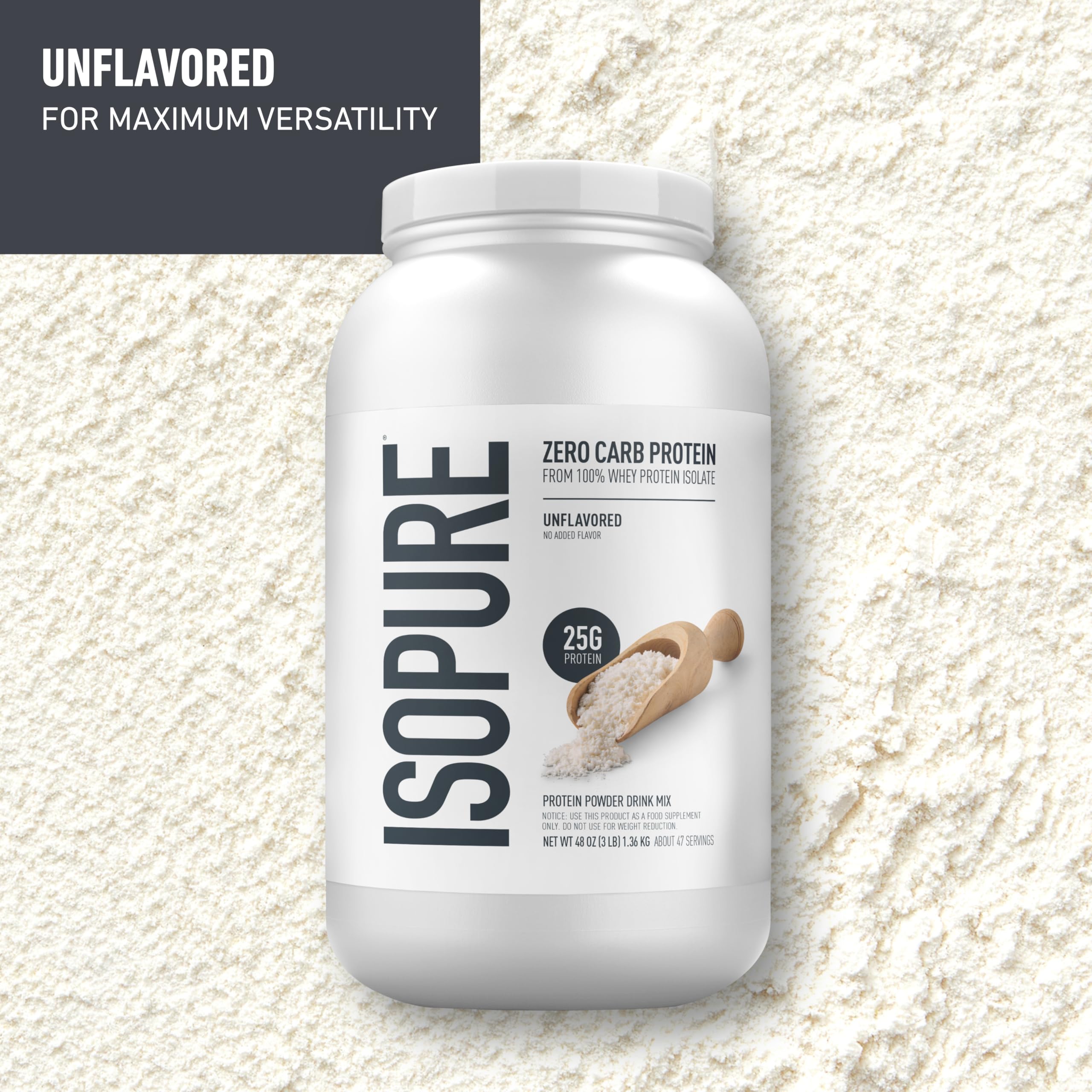 Isopure Zero Carb 100% Pure Whey Isolate Protein Powder, Lactose Free, Gluten Free, with Vitamins, Unflavored, 25g Protein Per Serving, 1 Lb, 16 Servings (Packaging May Vary)