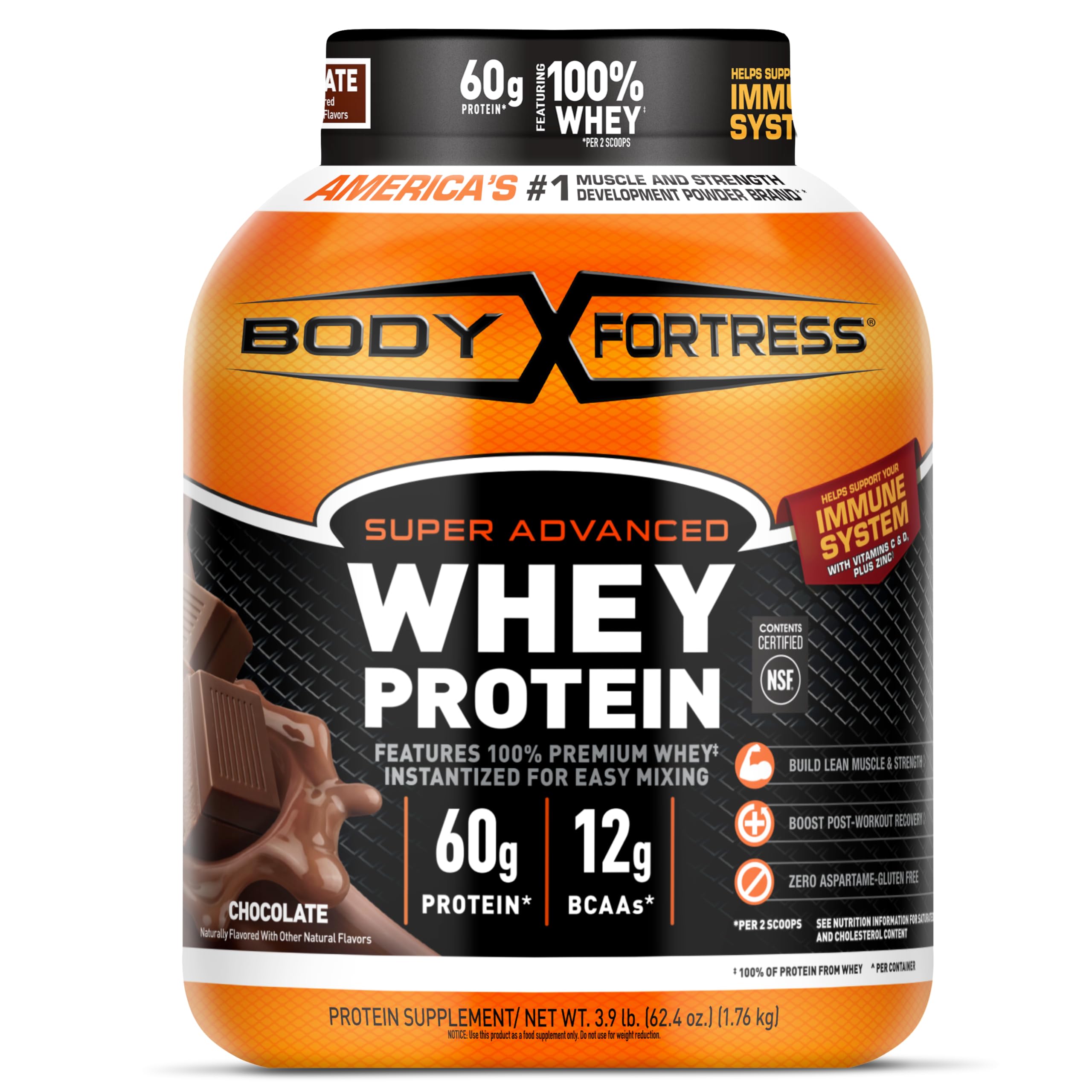 Body Fortress Super Advanced Whey Protein Powder, Chocolate, Immune Support (1), Vitamins C & D Plus Zinc, 3.9 lbs.