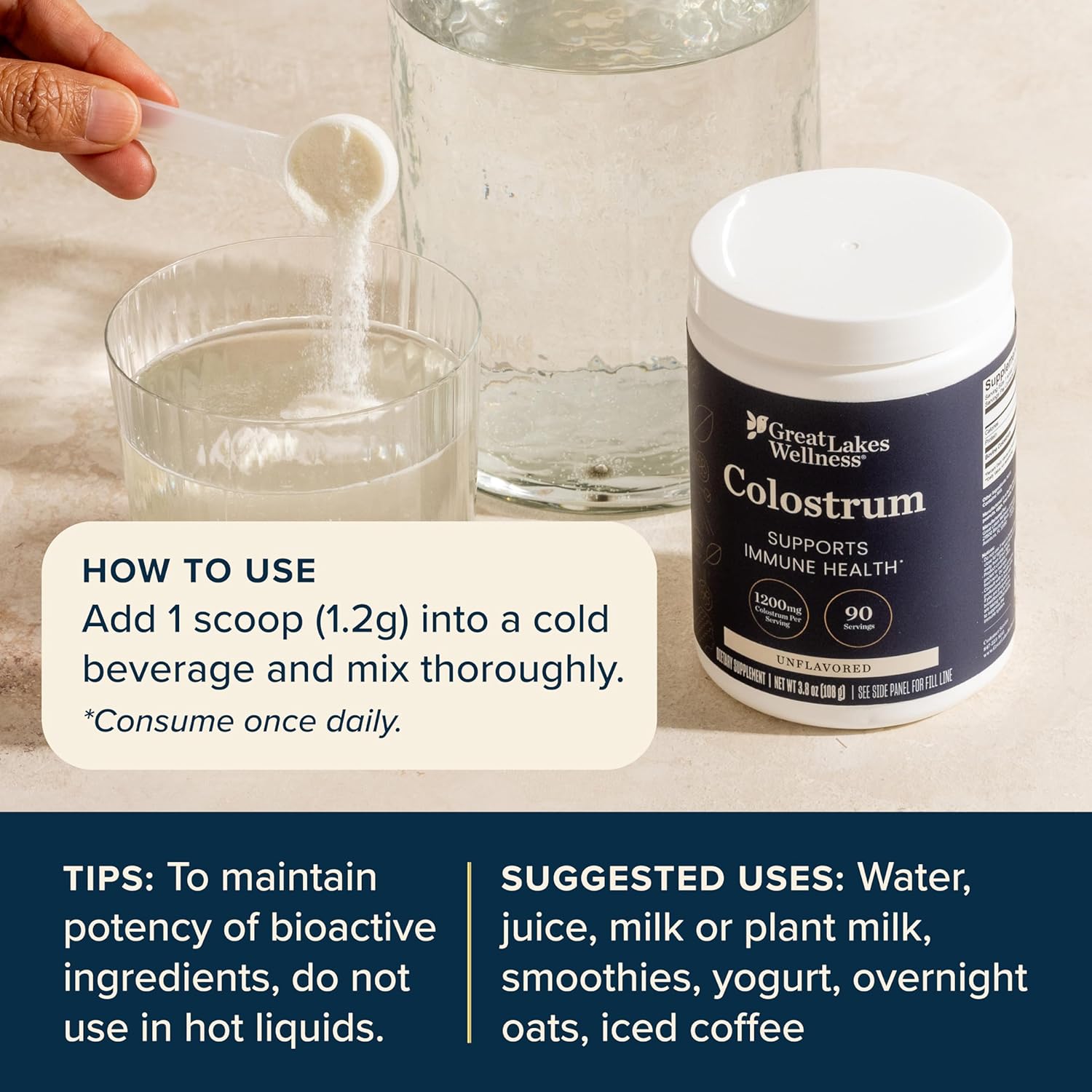 Great Lakes Wellness Colostrum Supplement Powder, 90 Servings (3.8oz), 1200mg per Serving, Pure Bovine Colostrum Powder for Immune Support, No Fillers, Third Party Tested
