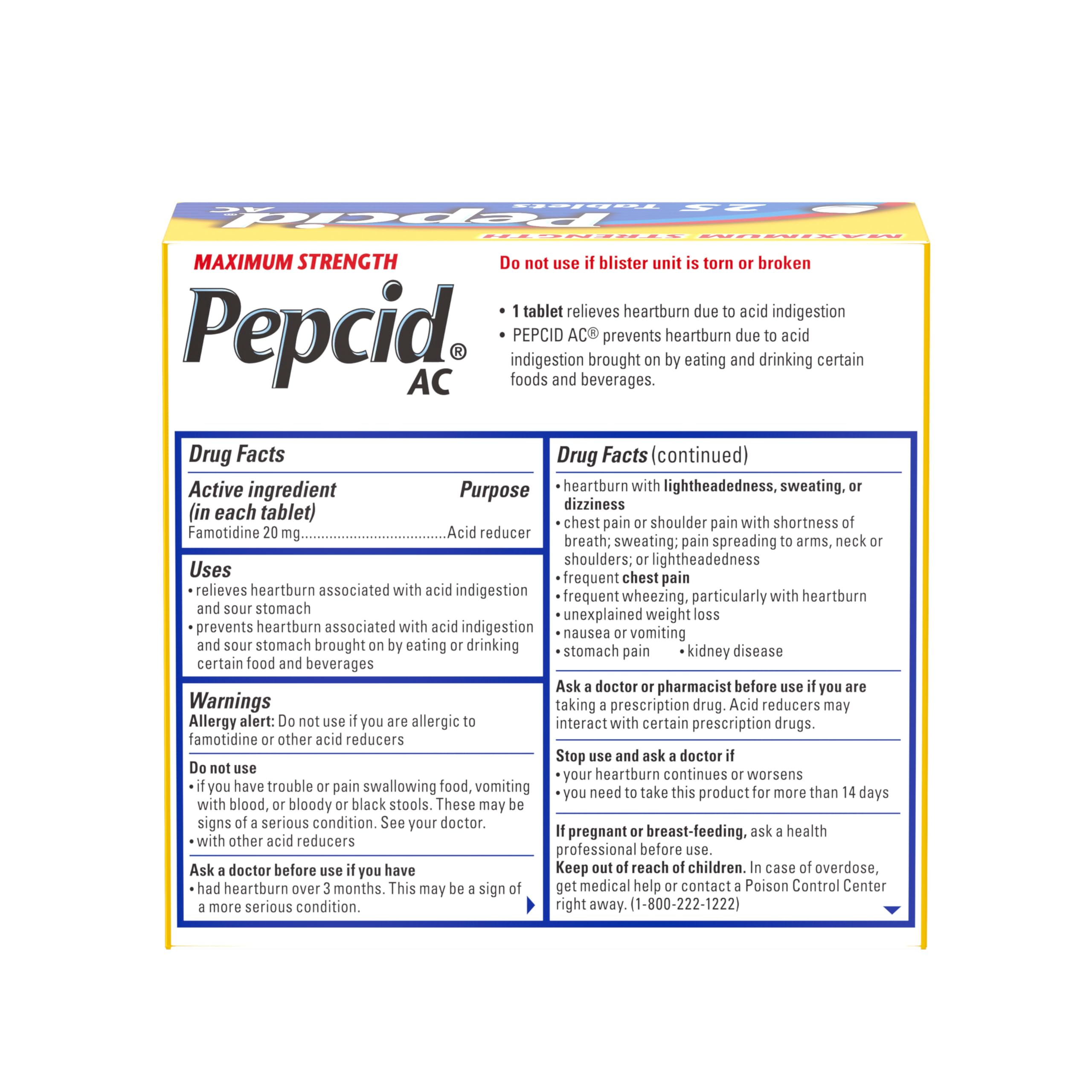 Pepcid AC Maximum Strength Heartburn Relief Tablets, OTC Medicine Prevents & Relieves Heartburn & Acid Reflux Due to Acid Indigestion, 20mg Famotidine Acid Reducer, Fast-Acting, 50 ct