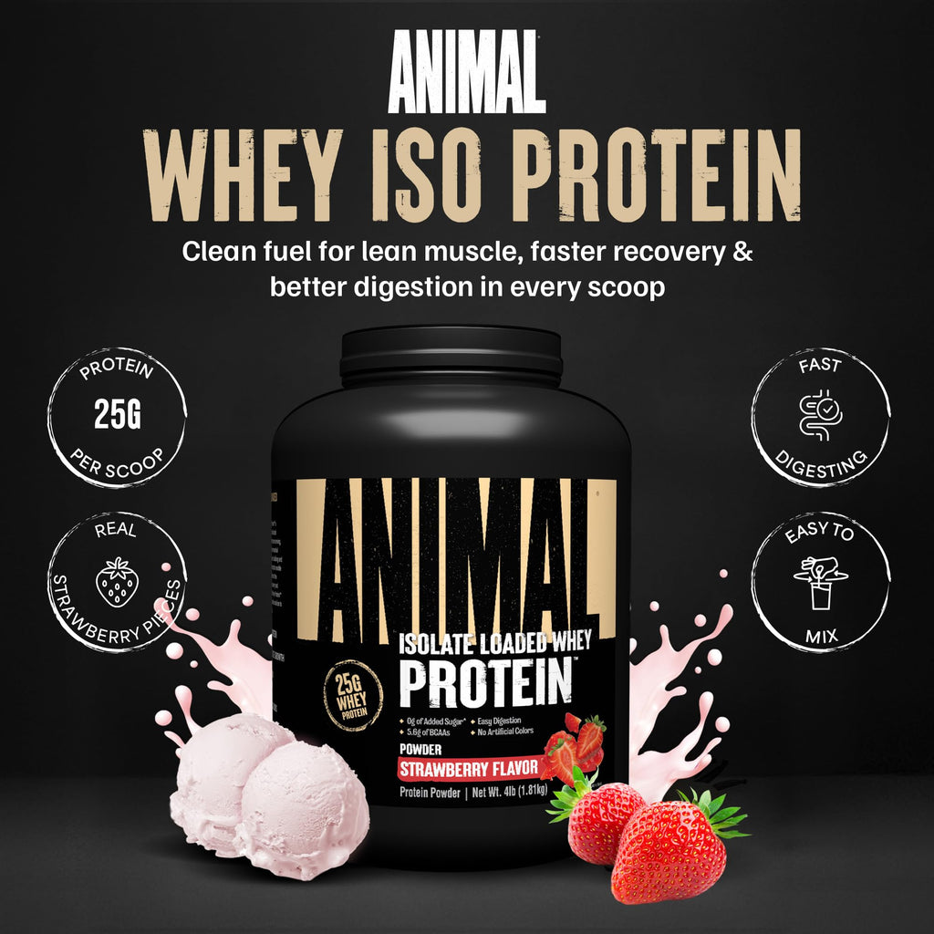 Animal Whey Isolate Protein Powder - Loaded for Pre & Post Workout Muscle Builder and Recovery with Digestive Enzymes for Men & Women - 25g Protein, Great Taste, Low Sugar - Strawberry 4 lbs