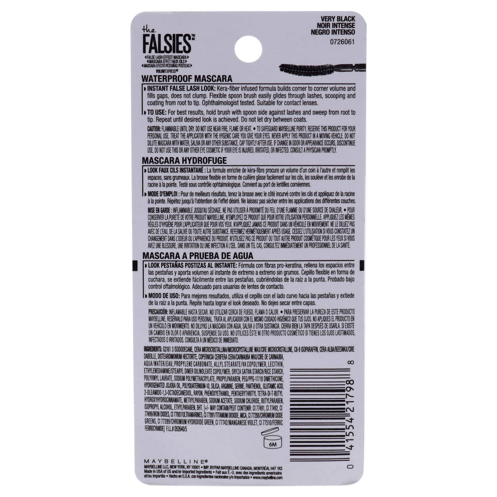Maybelline Volum' Express The Falsies Waterproof Mascara, Volumizing and Separating Make Up Formula, Very Black, 1 Count