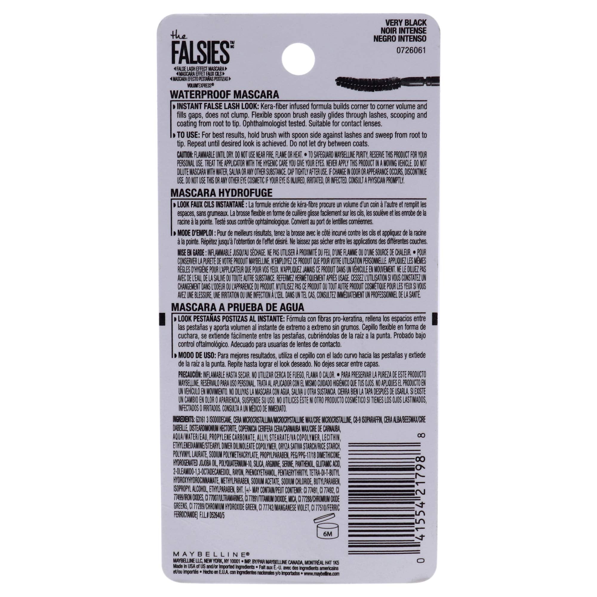 Maybelline Volum' Express The Falsies Waterproof Mascara, Volumizing and Separating Make Up Formula, Very Black, 1 Count