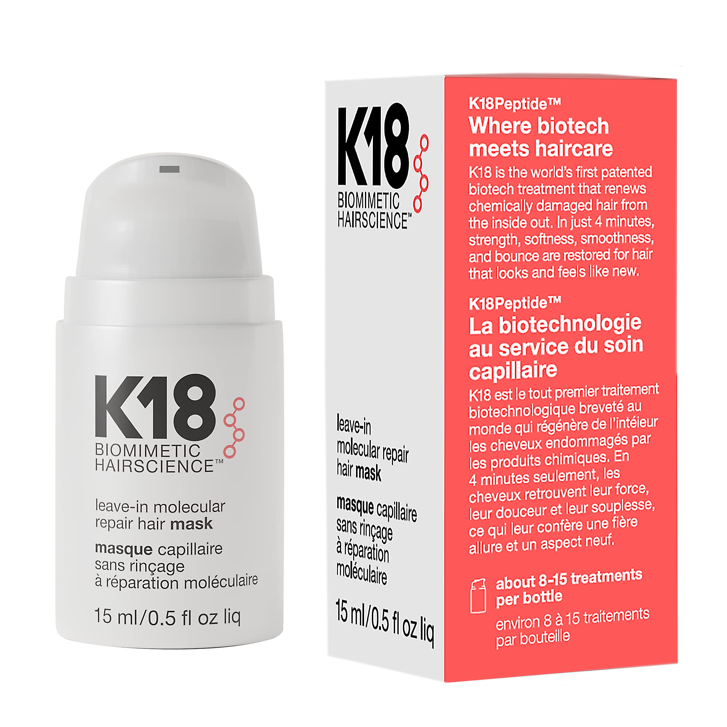 K18 Leave-In Molecular Hair Mask, Repairs Dry or Damaged Hair, Reverse Hair Damage from Bleach, Color, Chemical Services & Heat