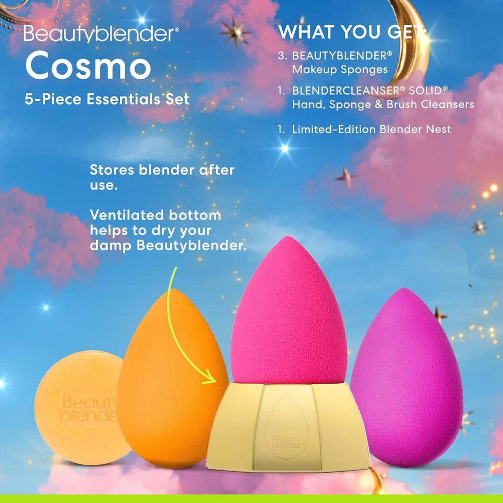 Beautyblender® | Cosmo Beauty Blender 5-Piece Essentials Set - 3 Makeup Sponges, 1 Sponge & Brush Cleanser, Nest Stand, Professional Application, Vegan & Cruelty Free, Made in the USA
