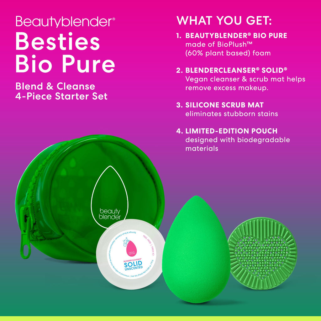 Beautyblender® | Besties Bio Pure Blend & Cleanse 4-Piece Starter Set, Bio Pure Makeup Sponge + Solid Unscented Cleanser .558 oz + Silicone Scrub Mat + Travel Case, Made in USA, Vegan, Sustainable