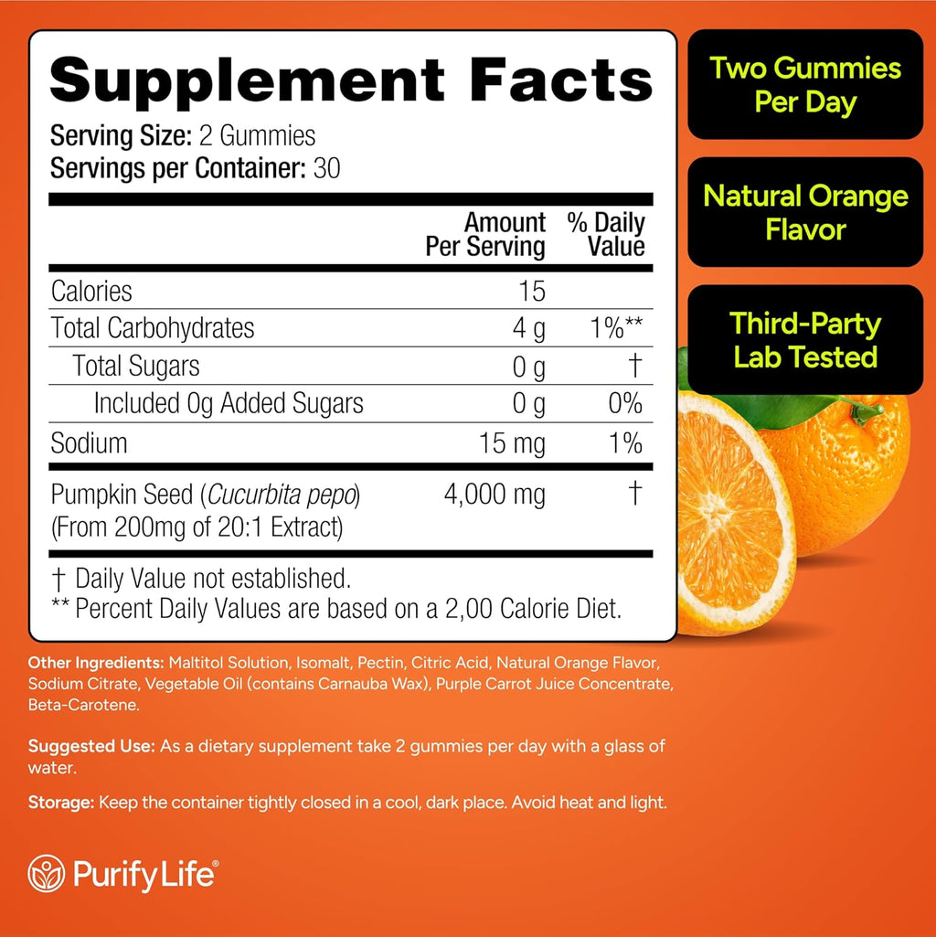 Sugar-Free Pumpkin Seed Oil Gummies (4,000mg/serving) Pumpkin Seed Oil for Hair Growth, Youthful Skin, Prostate Health, Immune & Urinary Tract Support-Natural Source of Essential Fatty Acids-60 Chews