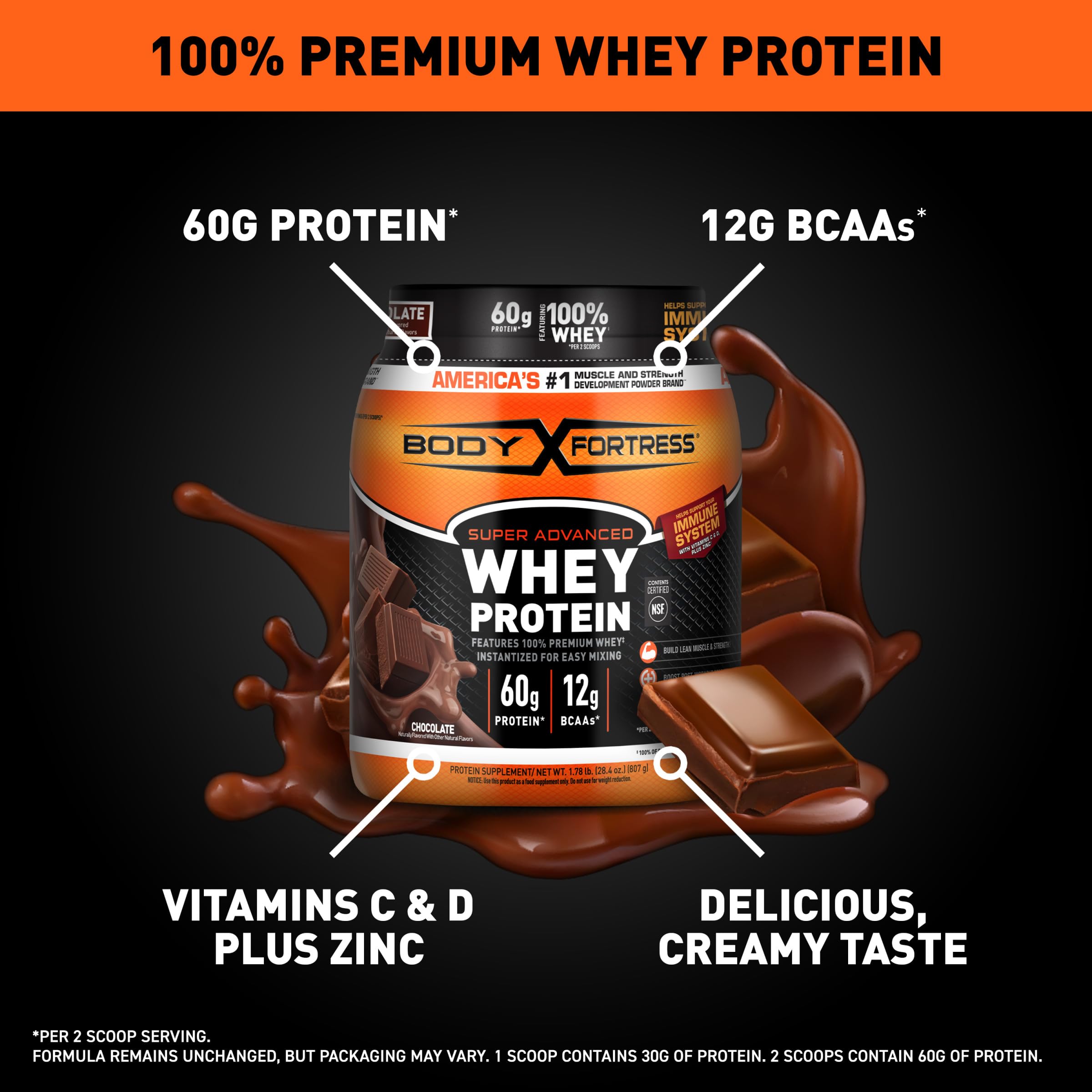 Body Fortress Super Advanced Whey Protein Powder, Chocolate, Immune Support (1), Vitamins C & D Plus Zinc, 3.9 lbs.