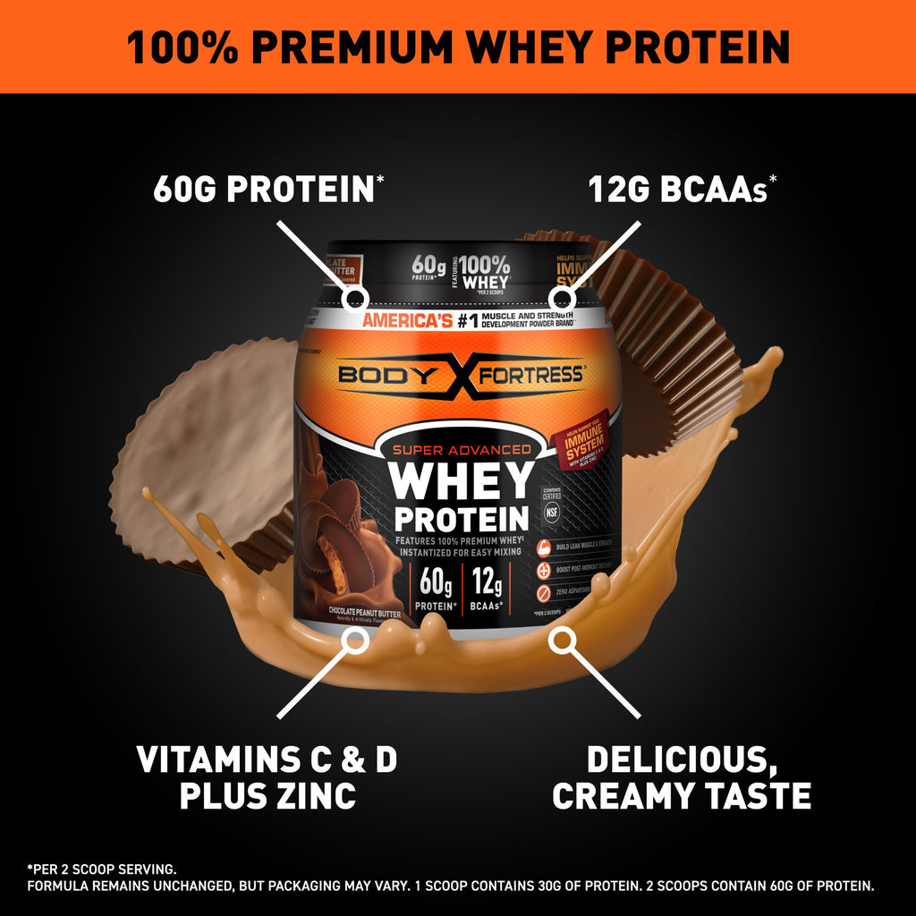 Body Fortress Super Advanced Whey Protein Powder, Chocolate, Immune Support (1), Vitamins C & D Plus Zinc, 3.9 lbs.
