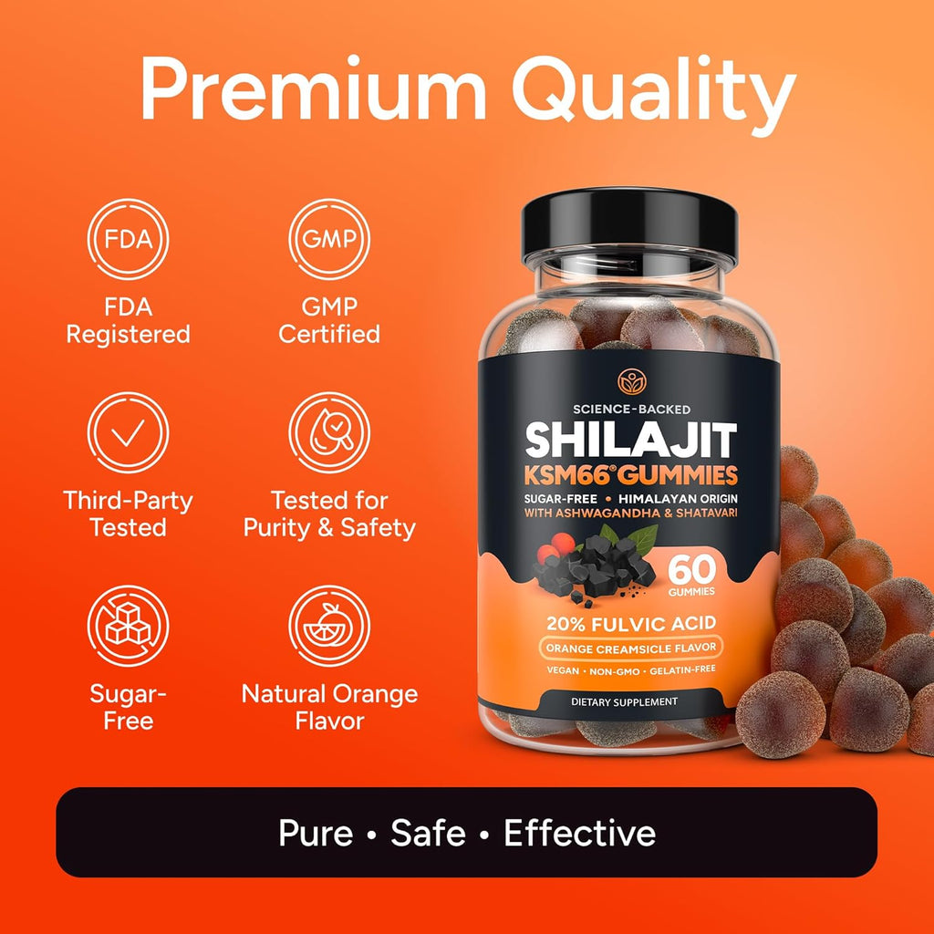 Himalayan Shilajit Gummies for Men & Women - Shilajit with KSM-66 Ashwagandha & Shatavari for Energy, Hormone & Stress Support - Vegan, Sugar-Free, Non-GMO Adaptogens - Black Currant Inspired - 60ct