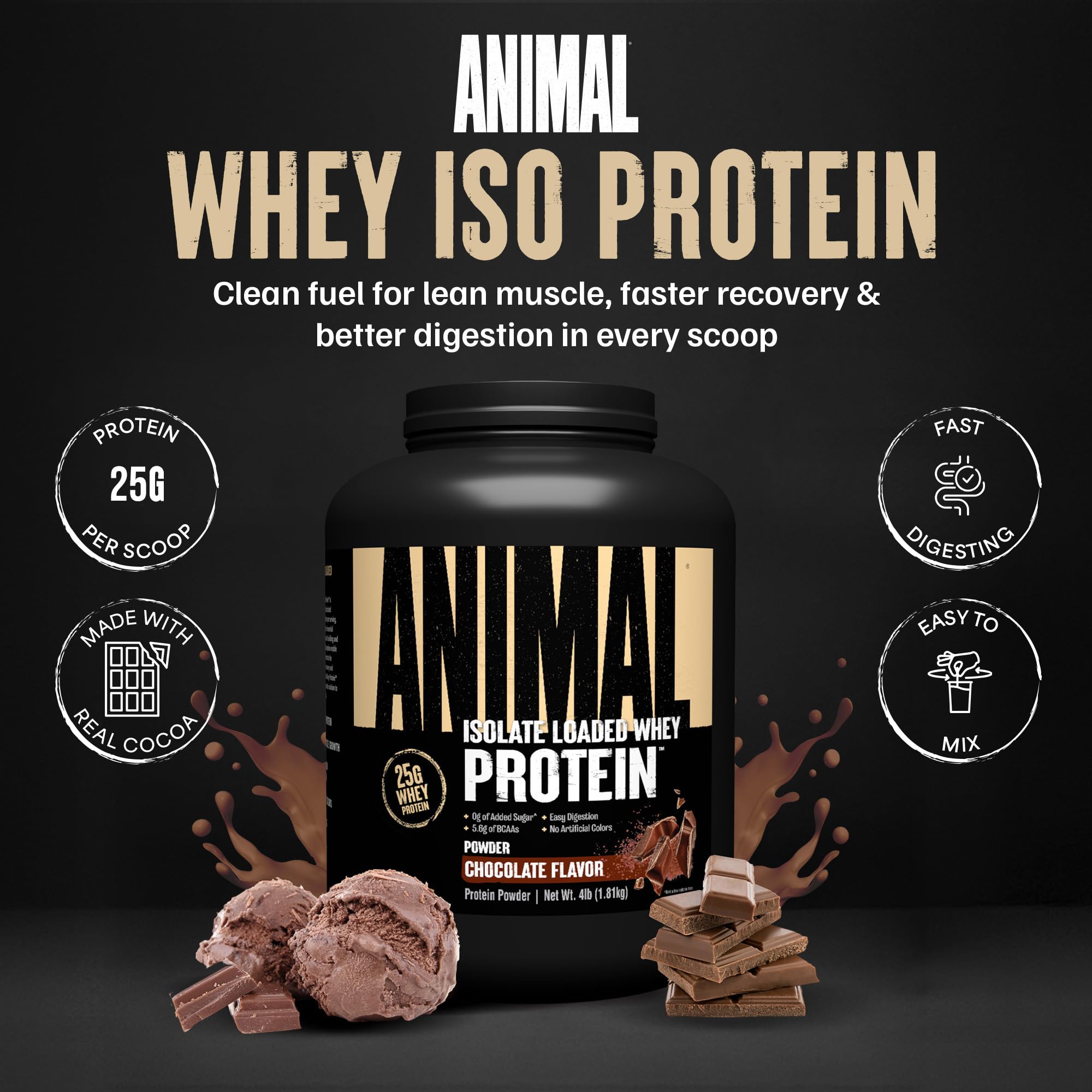 Animal Whey Isolate Protein Powder - Loaded for Pre & Post Workout Muscle Builder and Recovery with Digestive Enzymes for Men & Women - 25g Protein, Great Taste, Low Sugar - Strawberry 4 lbs