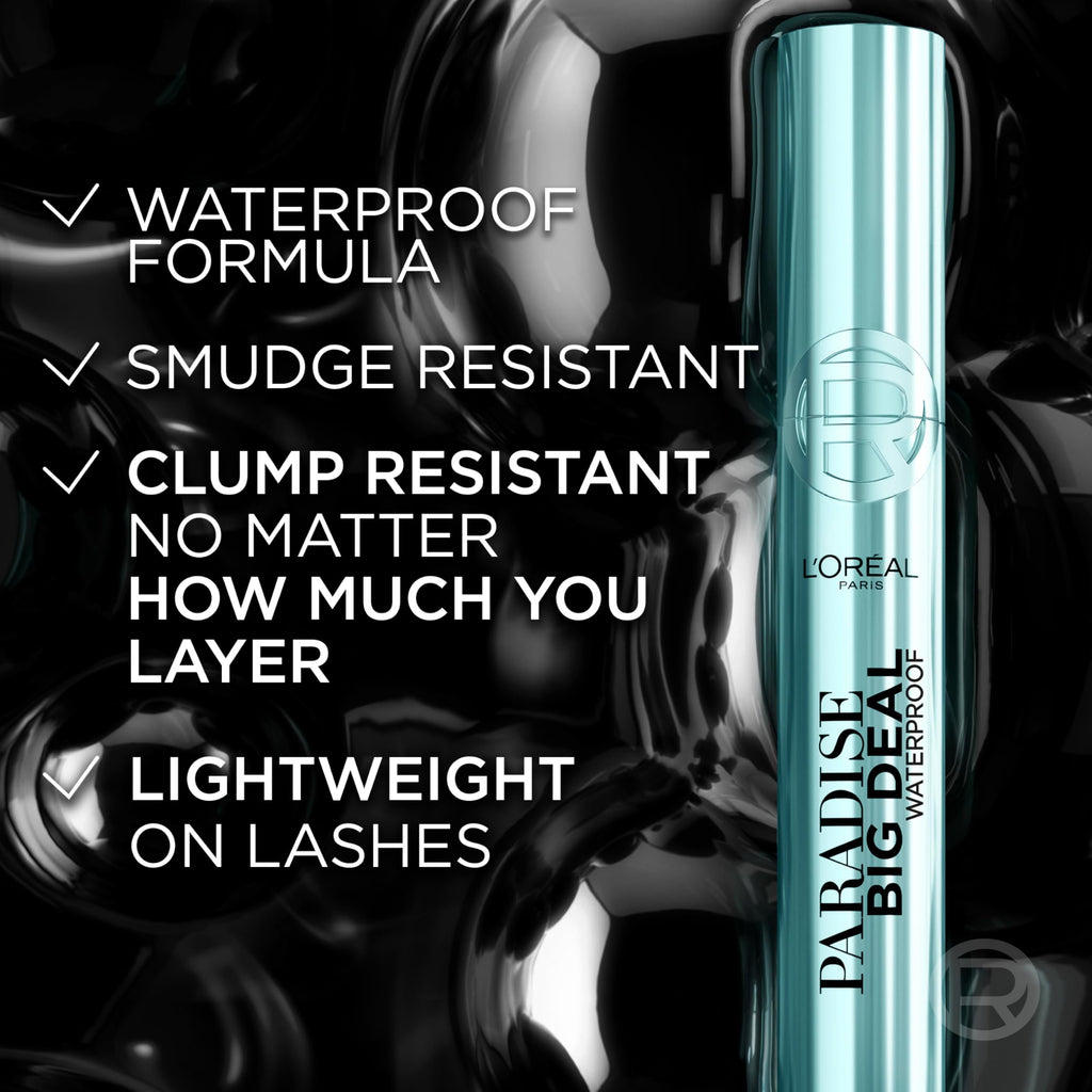 L'Oreal Paris Paradise Big Deal Mascara, Volumizing and Lengthening Formula, Buildable, Clump Resistant, Washable Blackest Black Mascara, 0.33 Fl Oz