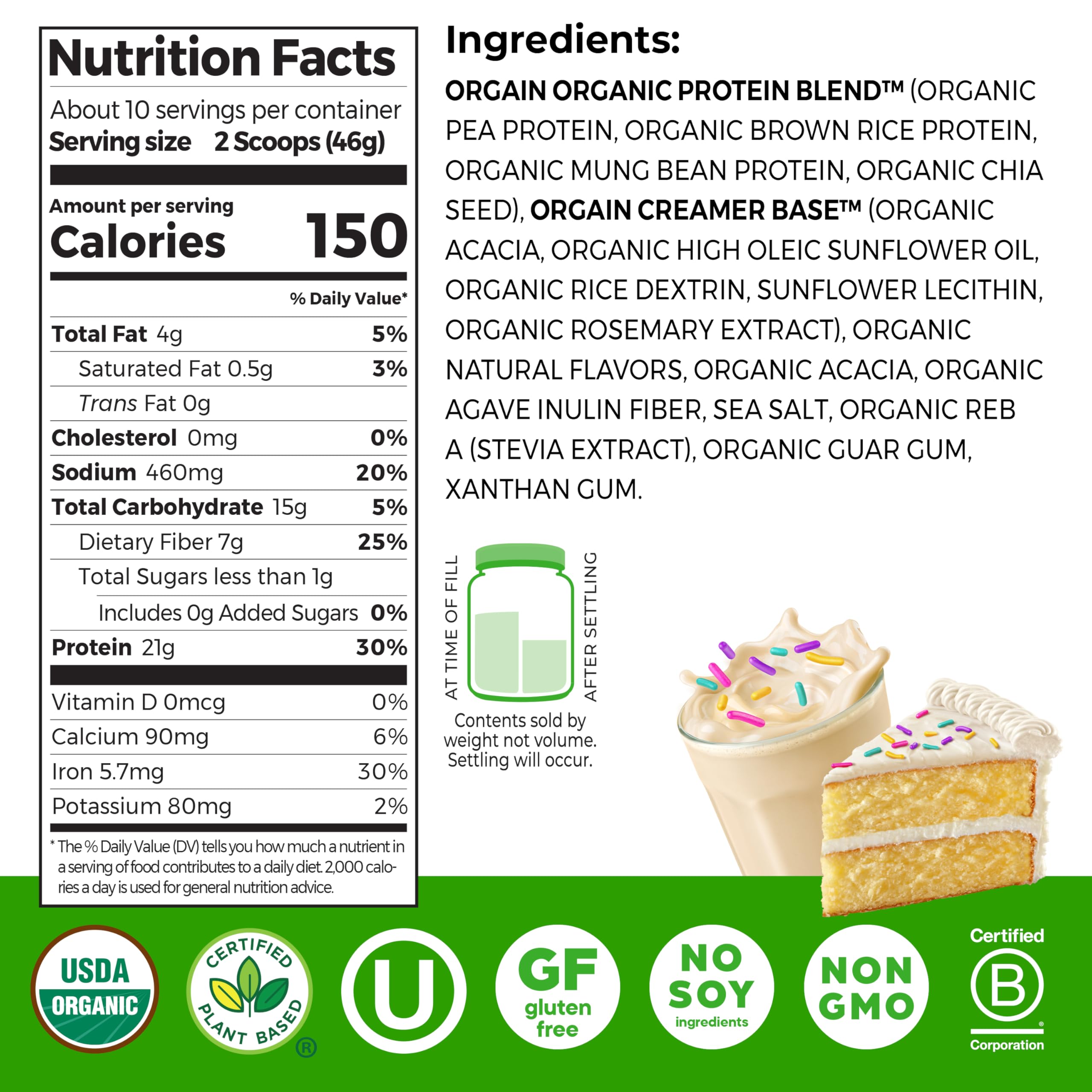 Orgain Organic Vegan Protein Powder, Vanilla Bean - 21g Plant Protein, 6g Prebiotic Fiber, No Lactose Ingredients, No Added Sugar, Non-GMO, For Shakes & Smoothies, 2.03 lb (Packaging May Vary)