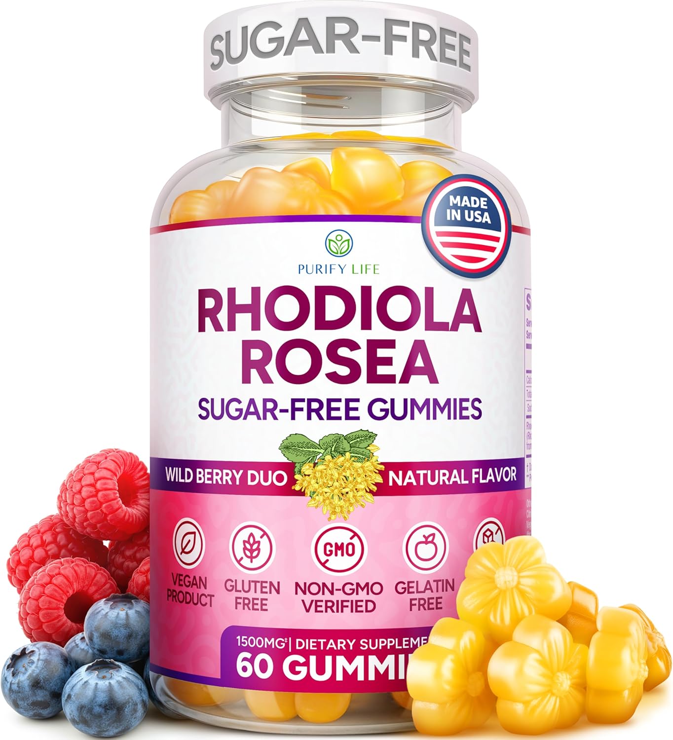 Sugar-Free Rhodiola Rosea Gummies (1500mg/Serving) Cortisol Detox & Adrenal Support Supplement - Adaptogenic Rhodiola for Mood, Motivation, Stamina & Performance, Non-GMO, 60 Vegan Chews